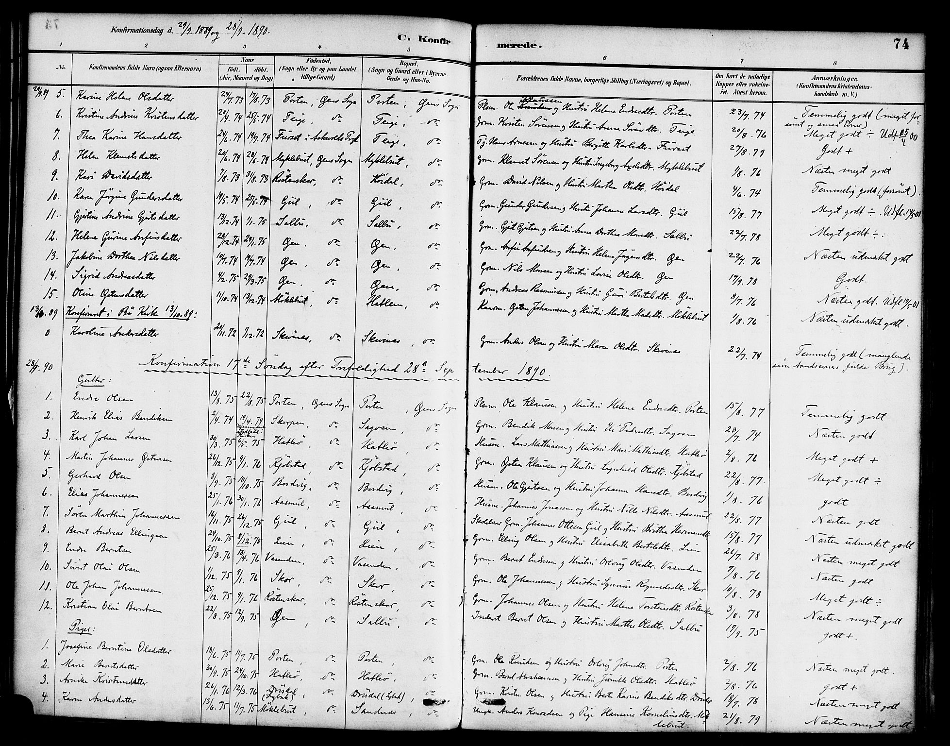 Hyllestad sokneprestembete, SAB/A-80401: Parish register (official) no. D 1, 1886-1905, p. 74