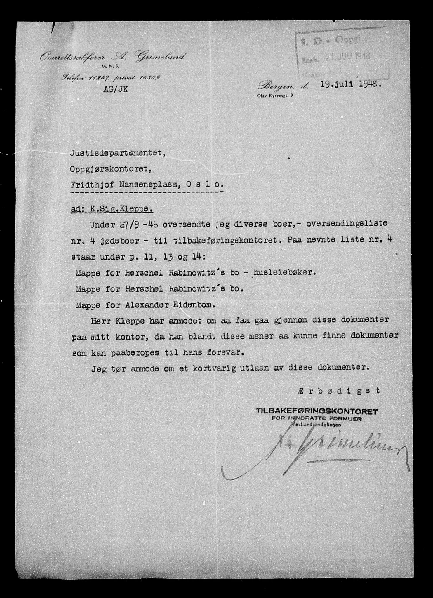 Justisdepartementet, Tilbakeføringskontoret for inndratte formuer, AV/RA-S-1564/H/Hc/Hcd/L0994: --, 1945-1947, p. 10