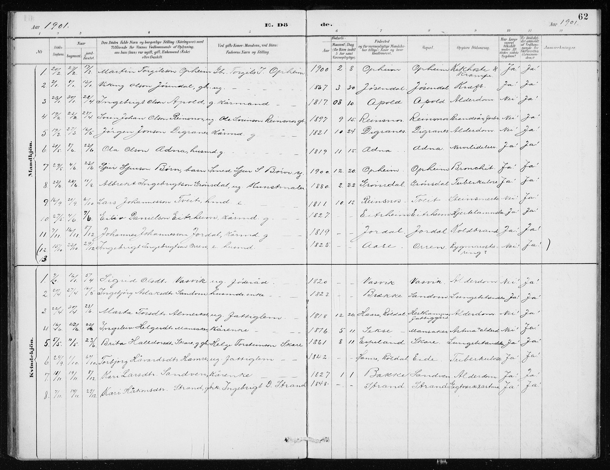 Odda Sokneprestembete, AV/SAB-A-77201/H/Haa: Parish register (official) no. D 1, 1887-1914, p. 62