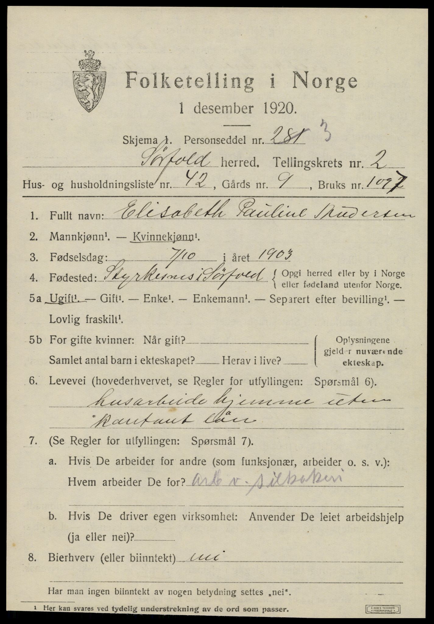 SAT, 1920 census for Sørfold, 1920, p. 1903