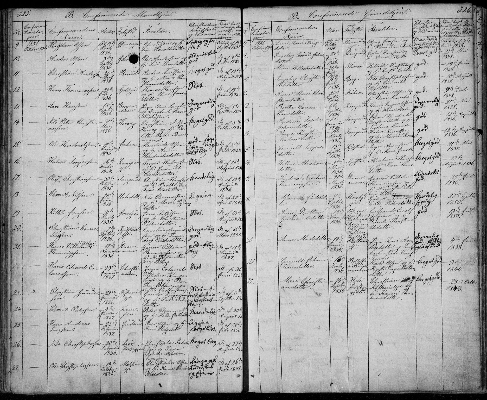 Modum kirkebøker, AV/SAKO-A-234/F/Fa/L0008: Parish register (official) no. 8, 1851-1859, p. 325-326