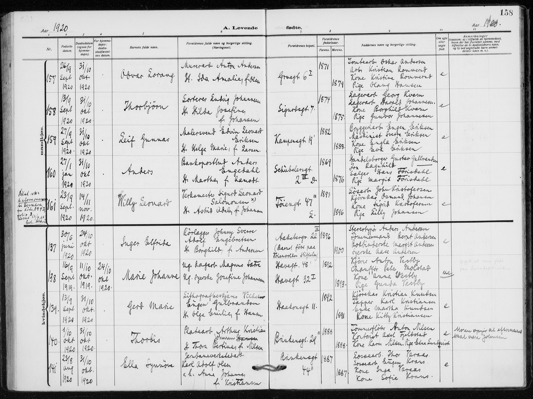 Kampen prestekontor Kirkebøker, AV/SAO-A-10853/F/Fa/L0012: Parish register (official) no. I 12, 1916-1921, p. 158