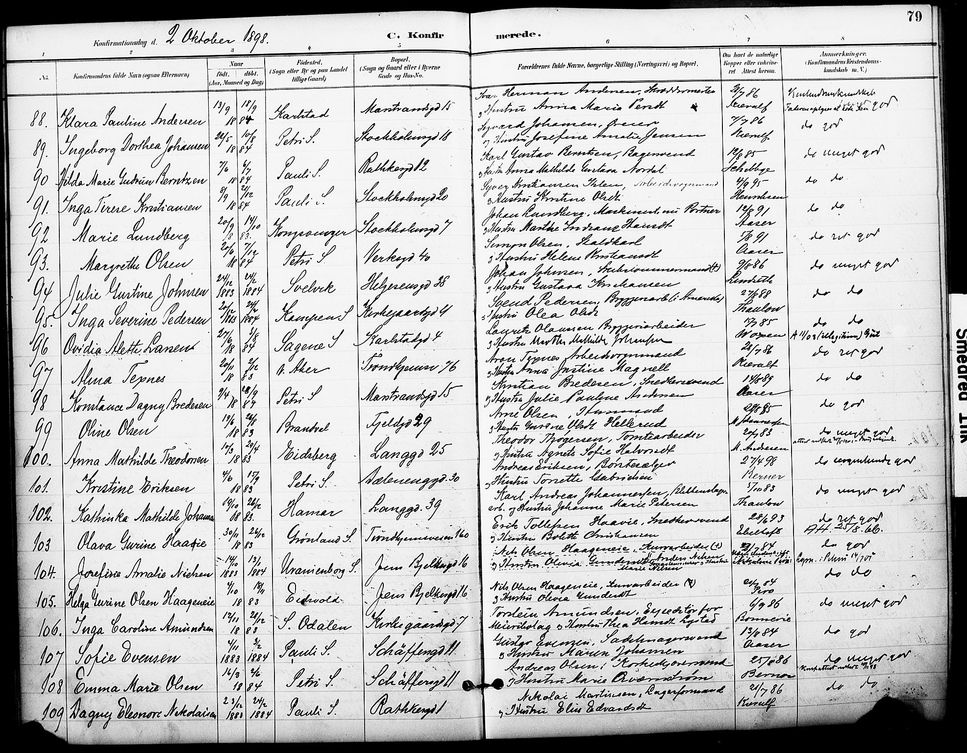 Petrus prestekontor Kirkebøker, AV/SAO-A-10872/F/Fa/L0006: Parish register (official) no. I 6, 1889-1908, p. 79