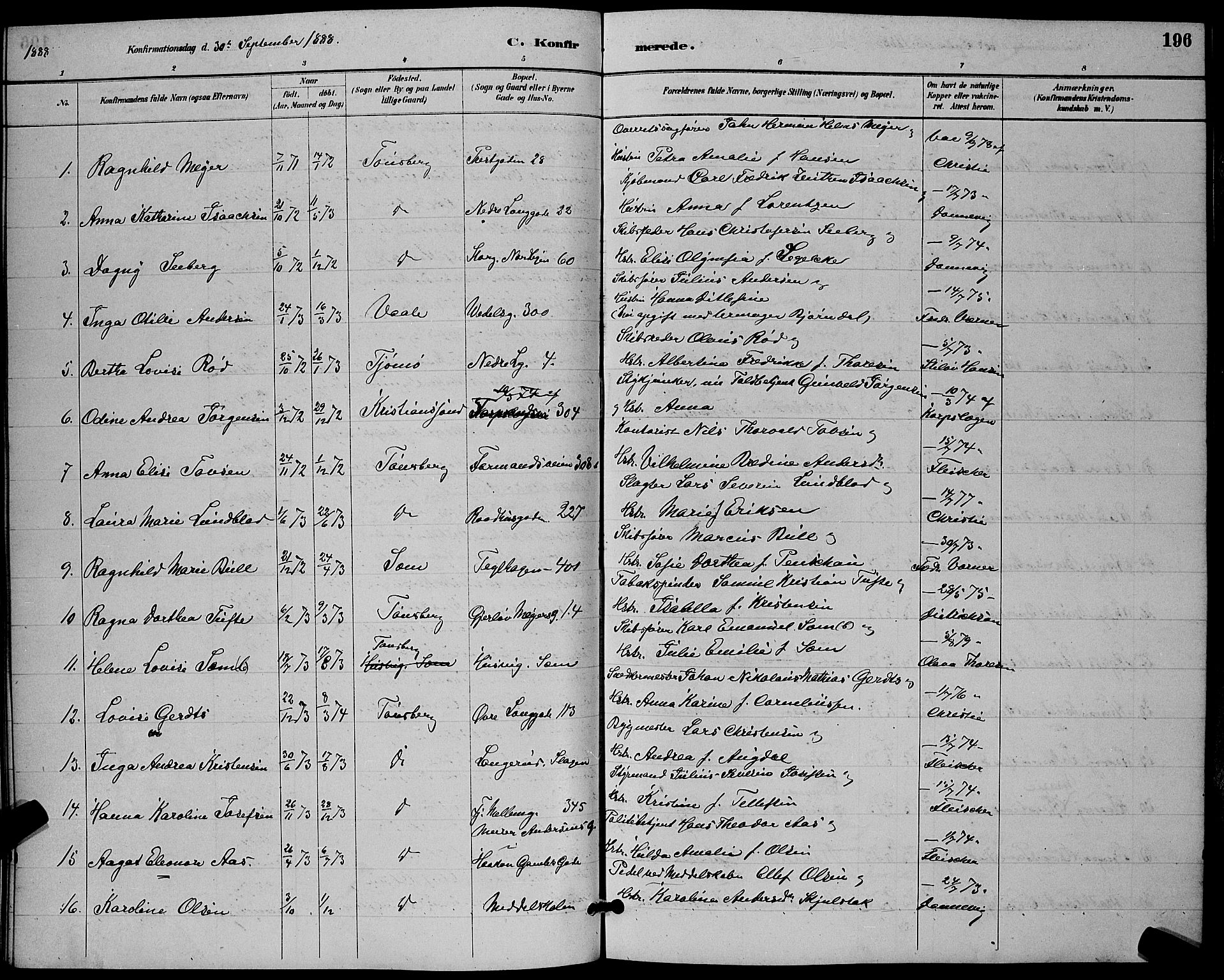 Tønsberg kirkebøker, AV/SAKO-A-330/G/Ga/L0006: Parish register (copy) no. 6, 1885-1895, p. 196