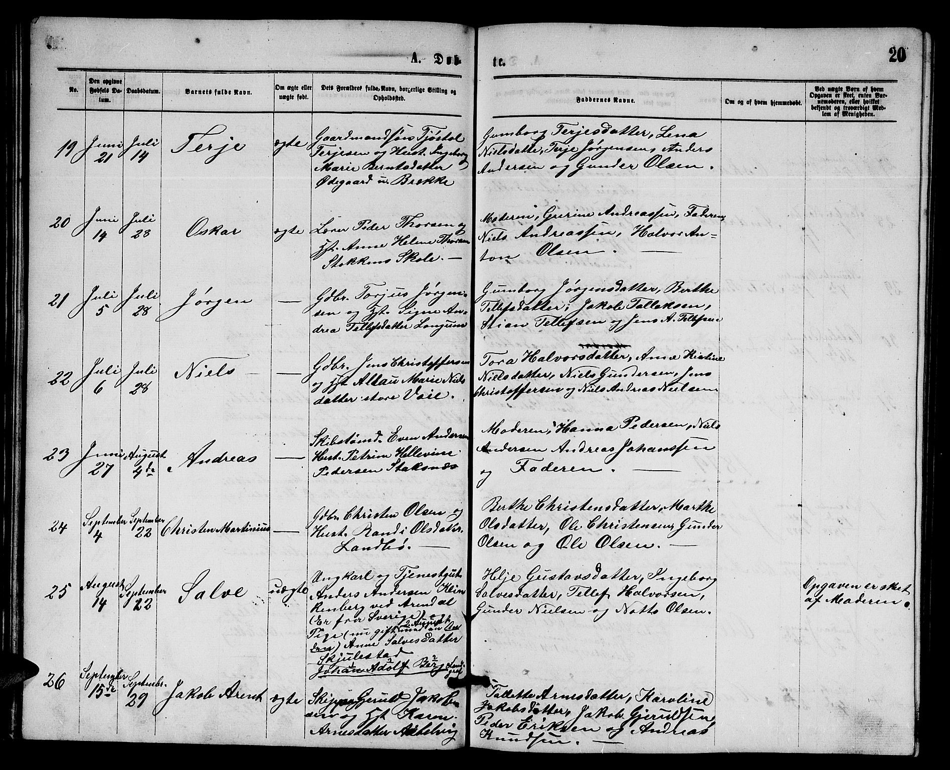 Austre Moland sokneprestkontor, AV/SAK-1111-0001/F/Fb/Fba/L0002: Parish register (copy) no. B 2, 1869-1879, p. 20