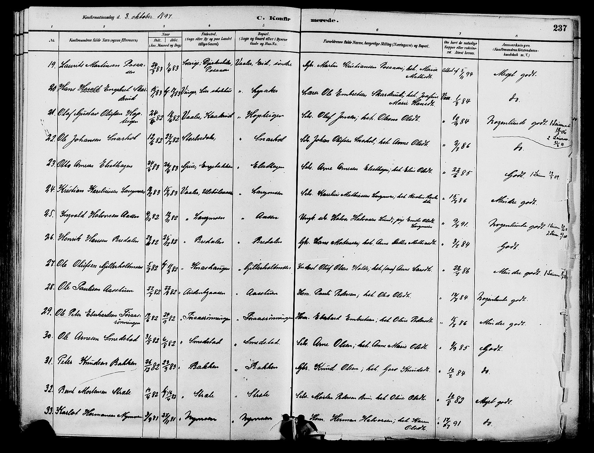 Våler prestekontor, Hedmark, AV/SAH-PREST-040/H/Ha/Haa/L0002: Parish register (official) no. 3, 1879-1911, p. 237