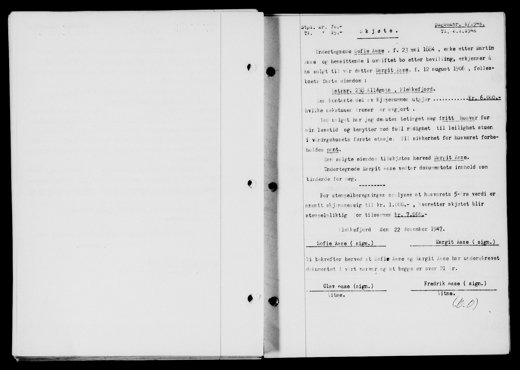 Flekkefjord sorenskriveri, AV/SAK-1221-0001/G/Gb/Gba/L0063: Mortgage book no. A-11, 1947-1948, Diary no: : 1/1948