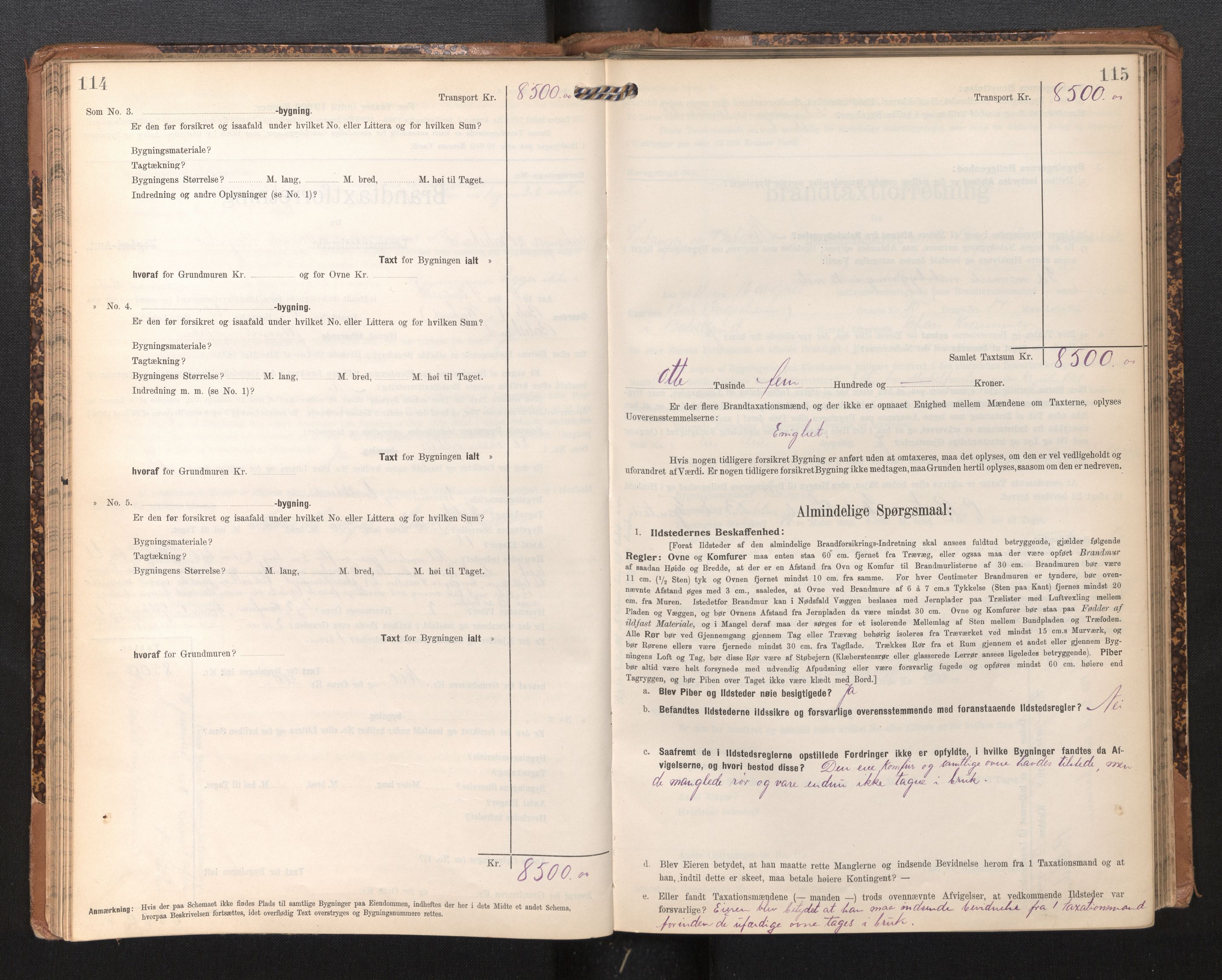 Lensmannen i Leikanger, AV/SAB-A-29201/0012/L0005: Branntakstprotokoll, skjematakst, 1907-1917, p. 114-115