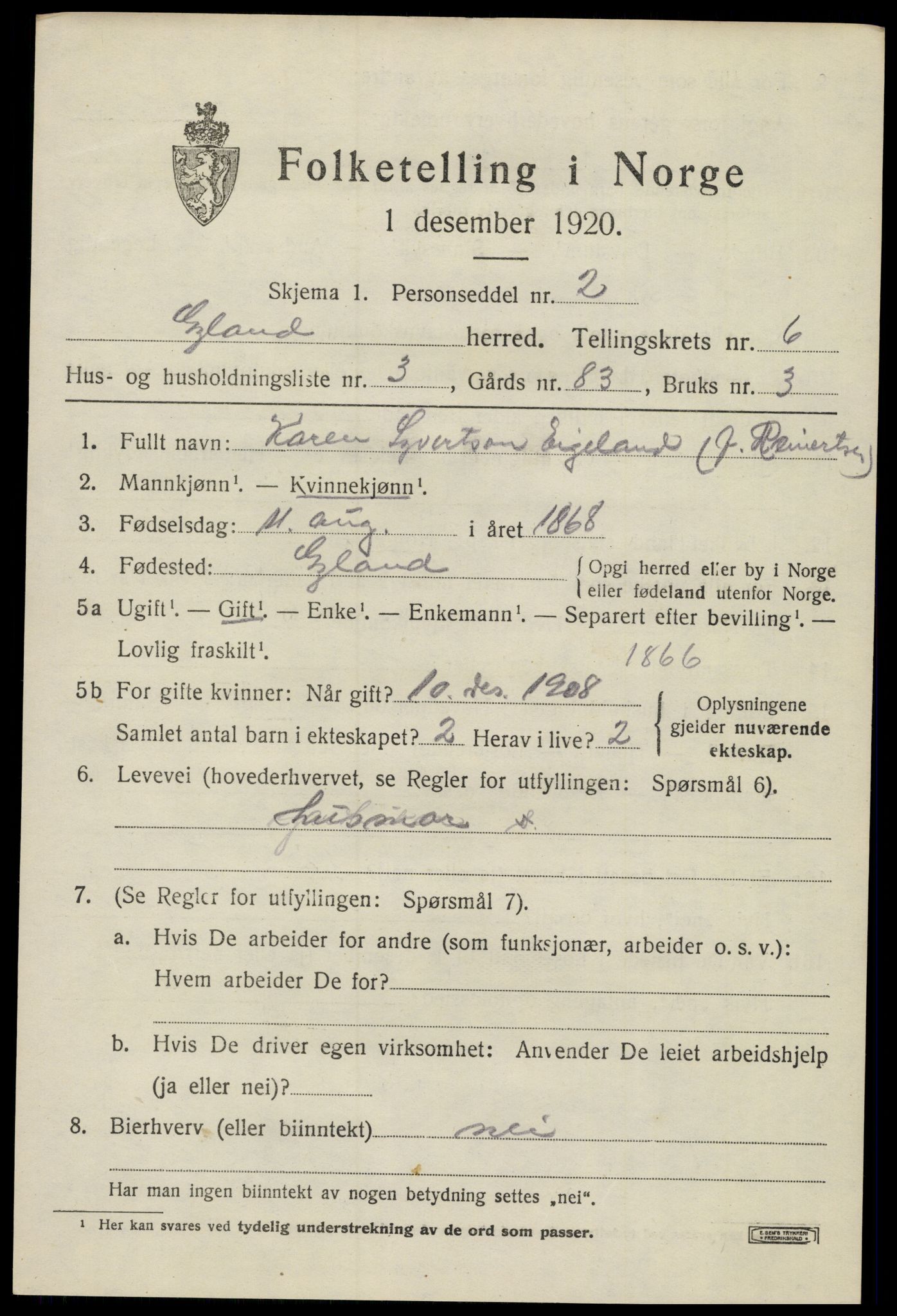 SAK, 1920 census for Gyland, 1920, p. 1346
