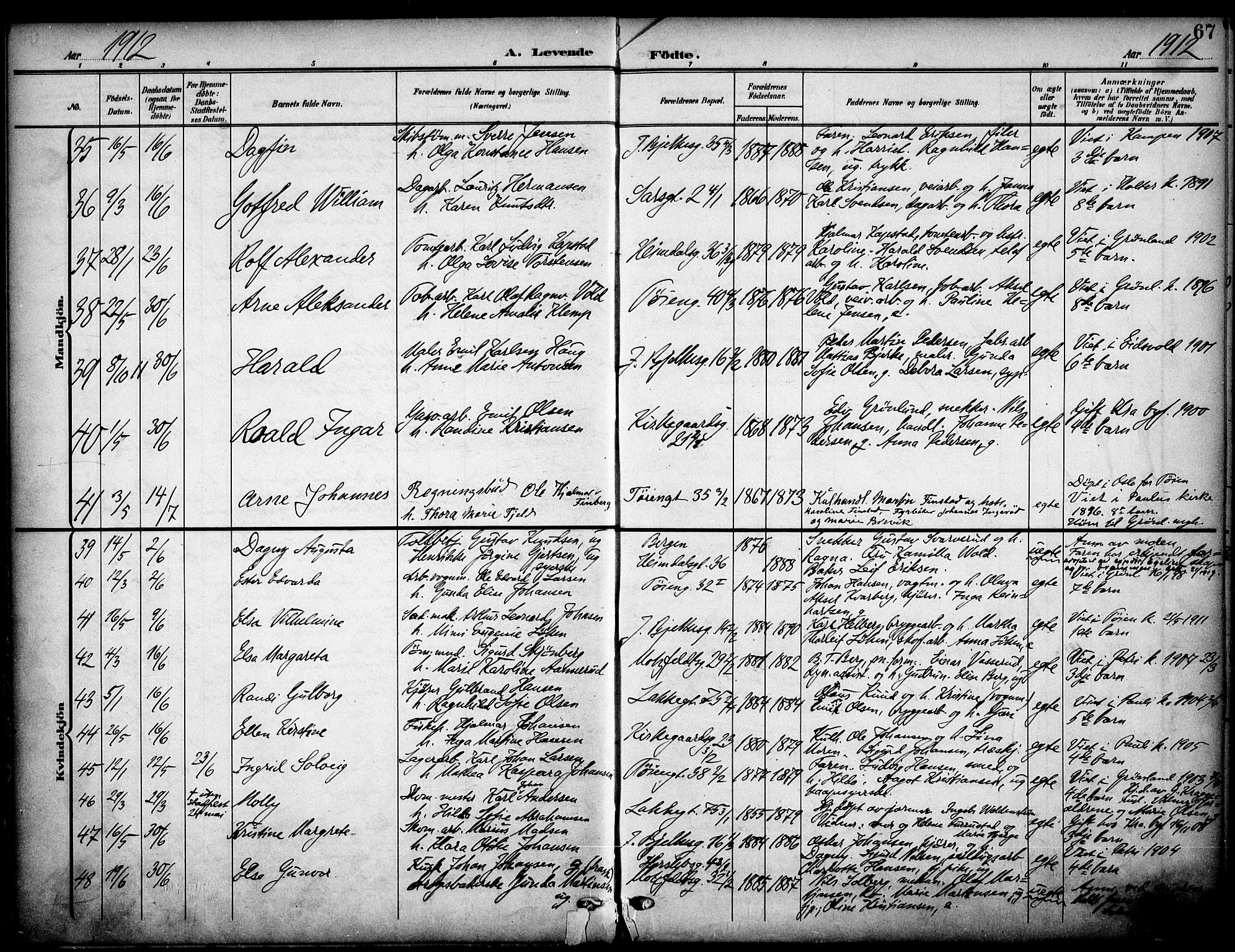 Tøyen prestekontor Kirkebøker, AV/SAO-A-10167a/F/Fa/L0001: Parish register (official) no. I 1, 1907-1916, p. 67