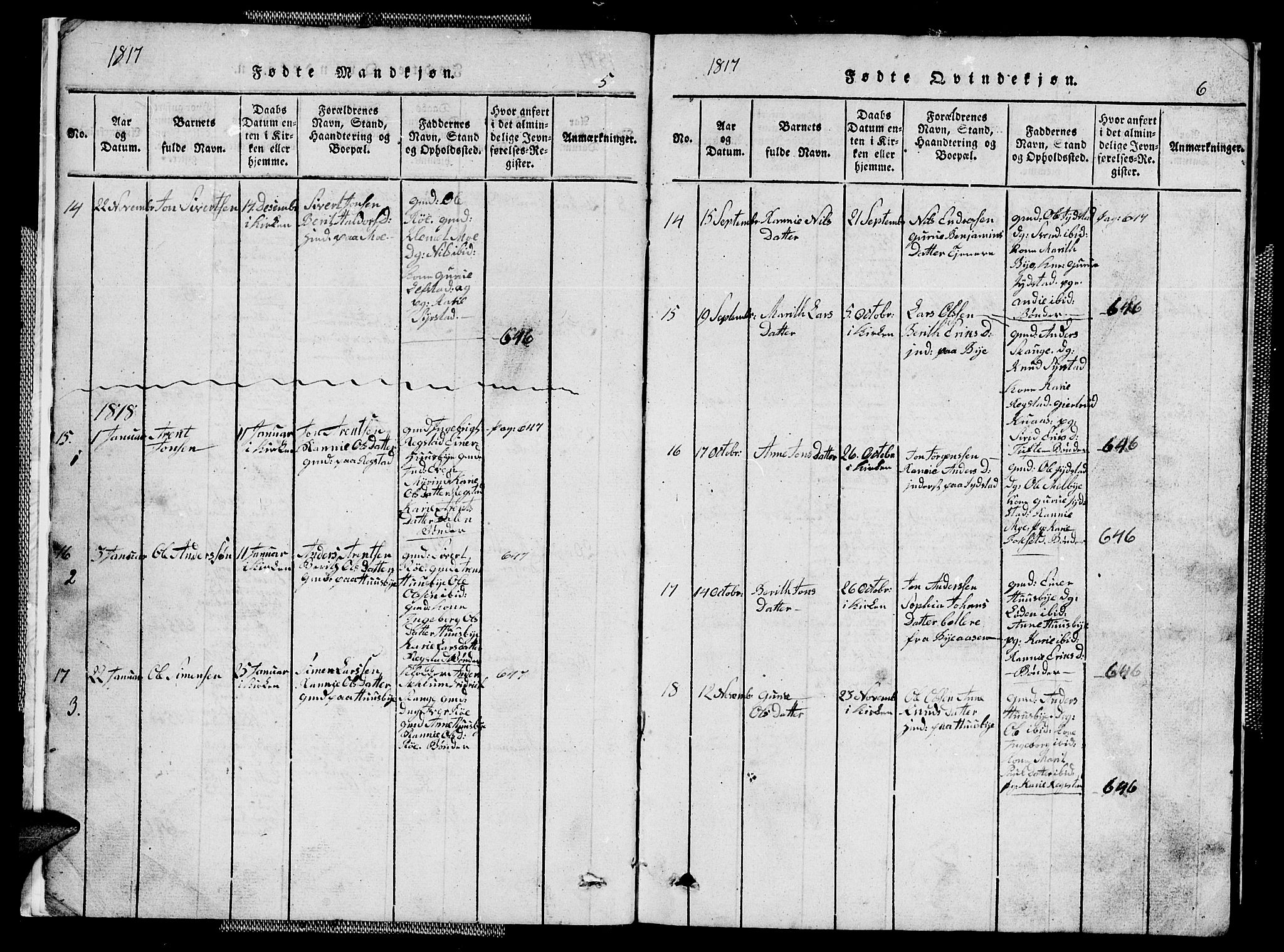 Ministerialprotokoller, klokkerbøker og fødselsregistre - Sør-Trøndelag, AV/SAT-A-1456/667/L0796: Parish register (copy) no. 667C01, 1817-1836, p. 5-6