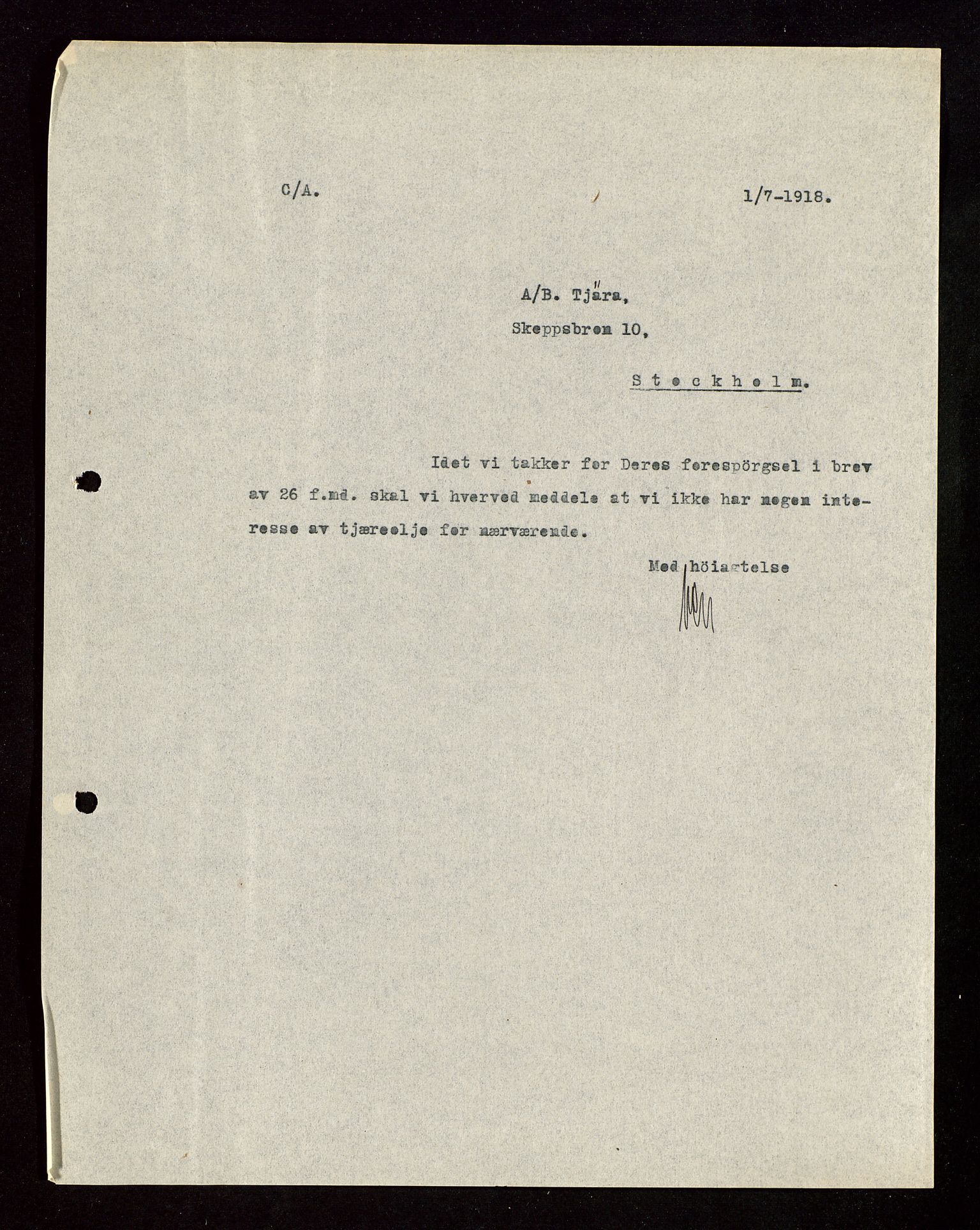 Pa 1521 - A/S Norske Shell, AV/SAST-A-101915/E/Ea/Eaa/L0003: Sjefskorrespondanse, 1918, p. 290