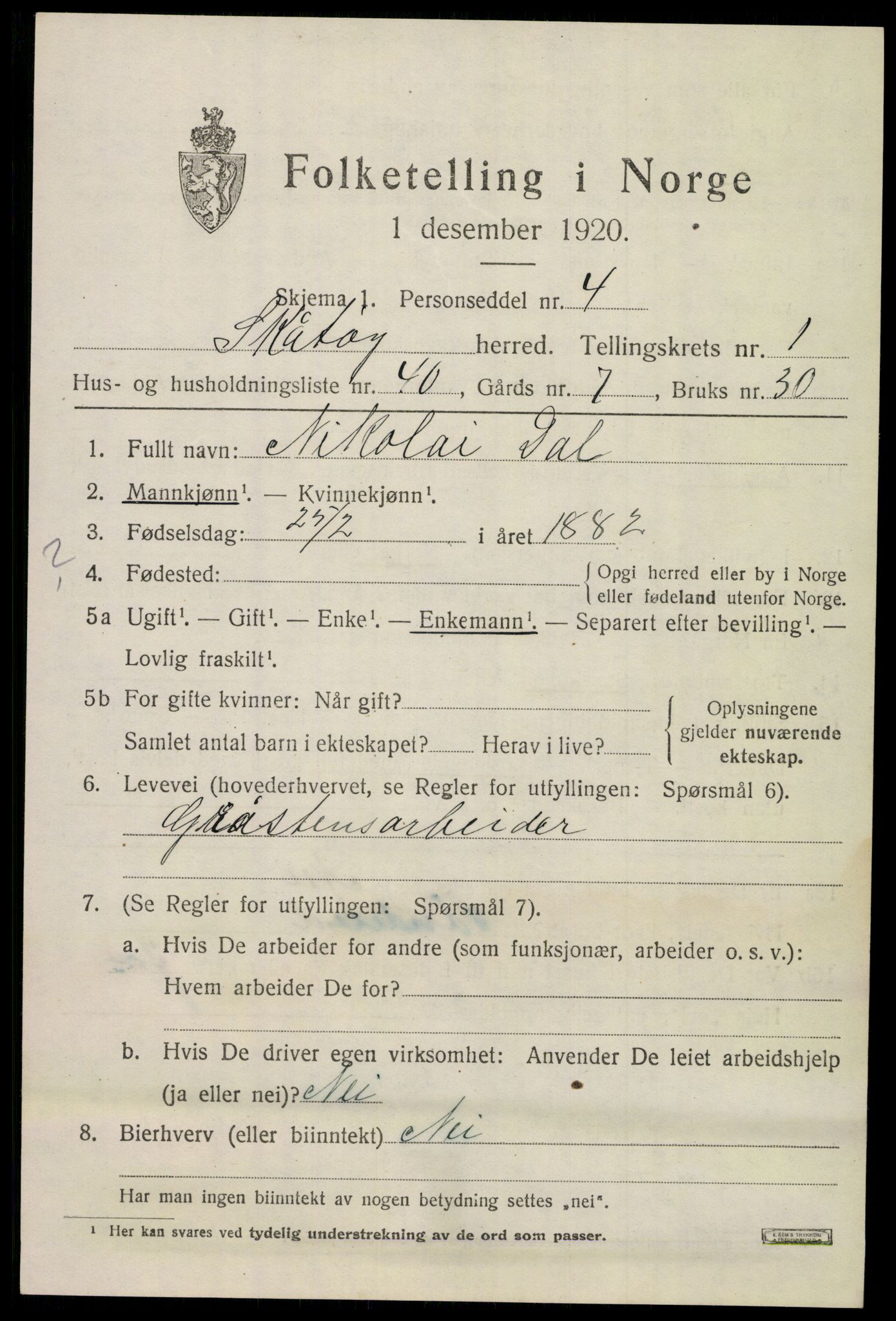 SAKO, 1920 census for Skåtøy, 1920, p. 2144