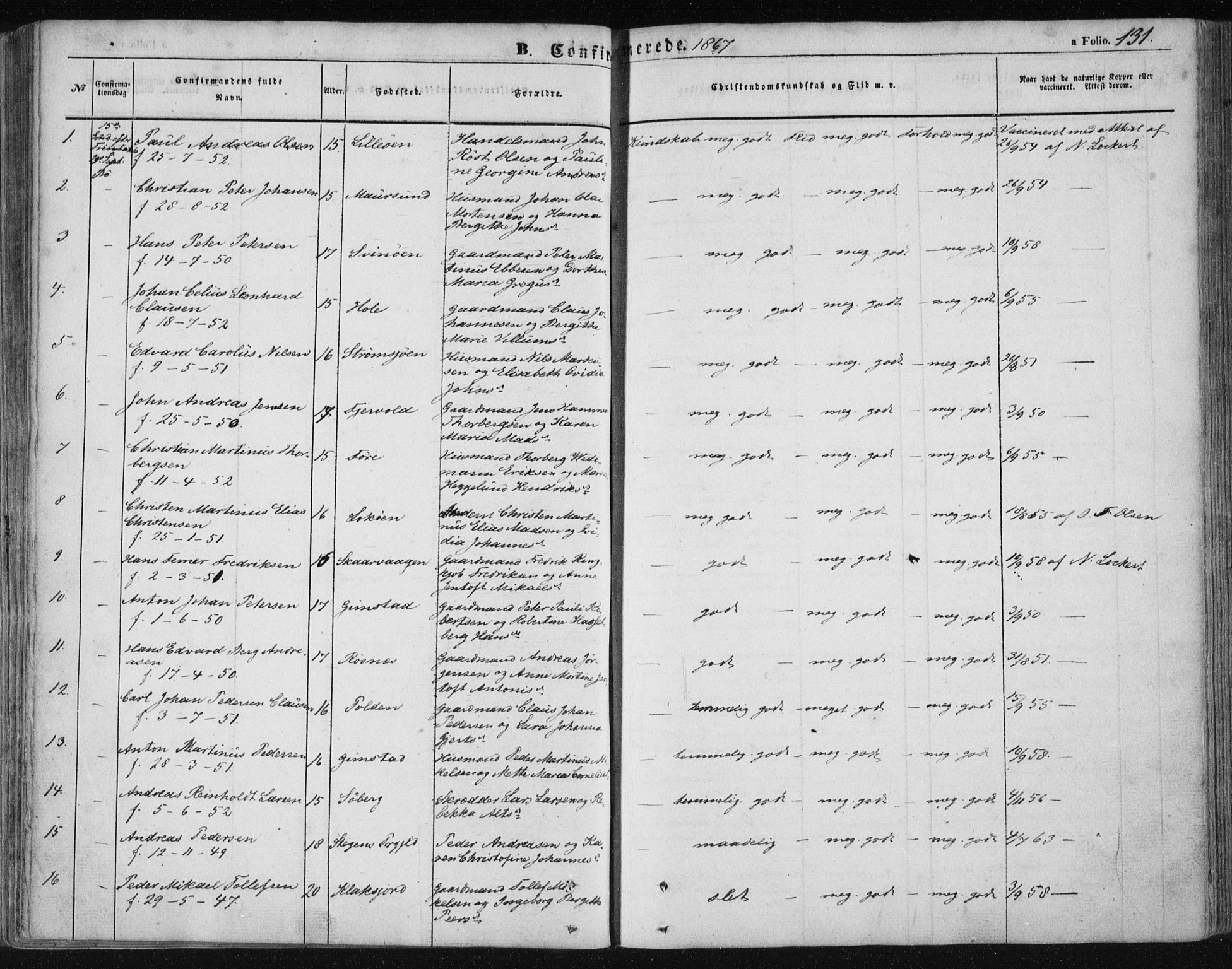 Ministerialprotokoller, klokkerbøker og fødselsregistre - Nordland, SAT/A-1459/891/L1300: Parish register (official) no. 891A05, 1856-1870, p. 131