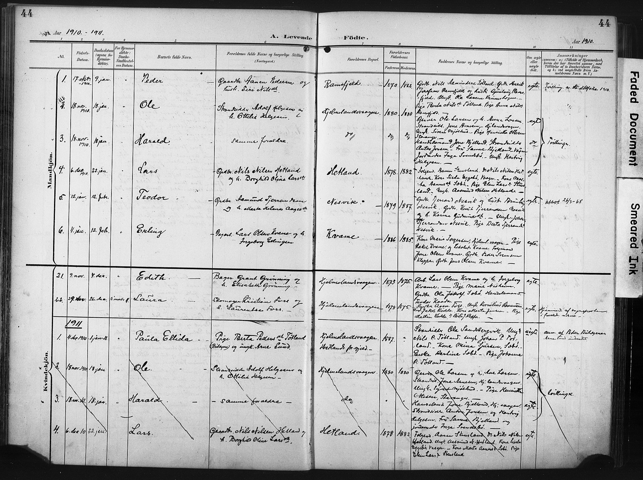 Hjelmeland sokneprestkontor, AV/SAST-A-101843/02/A/L0002: Parish register (official) no. A 17, 1901-1916, p. 44