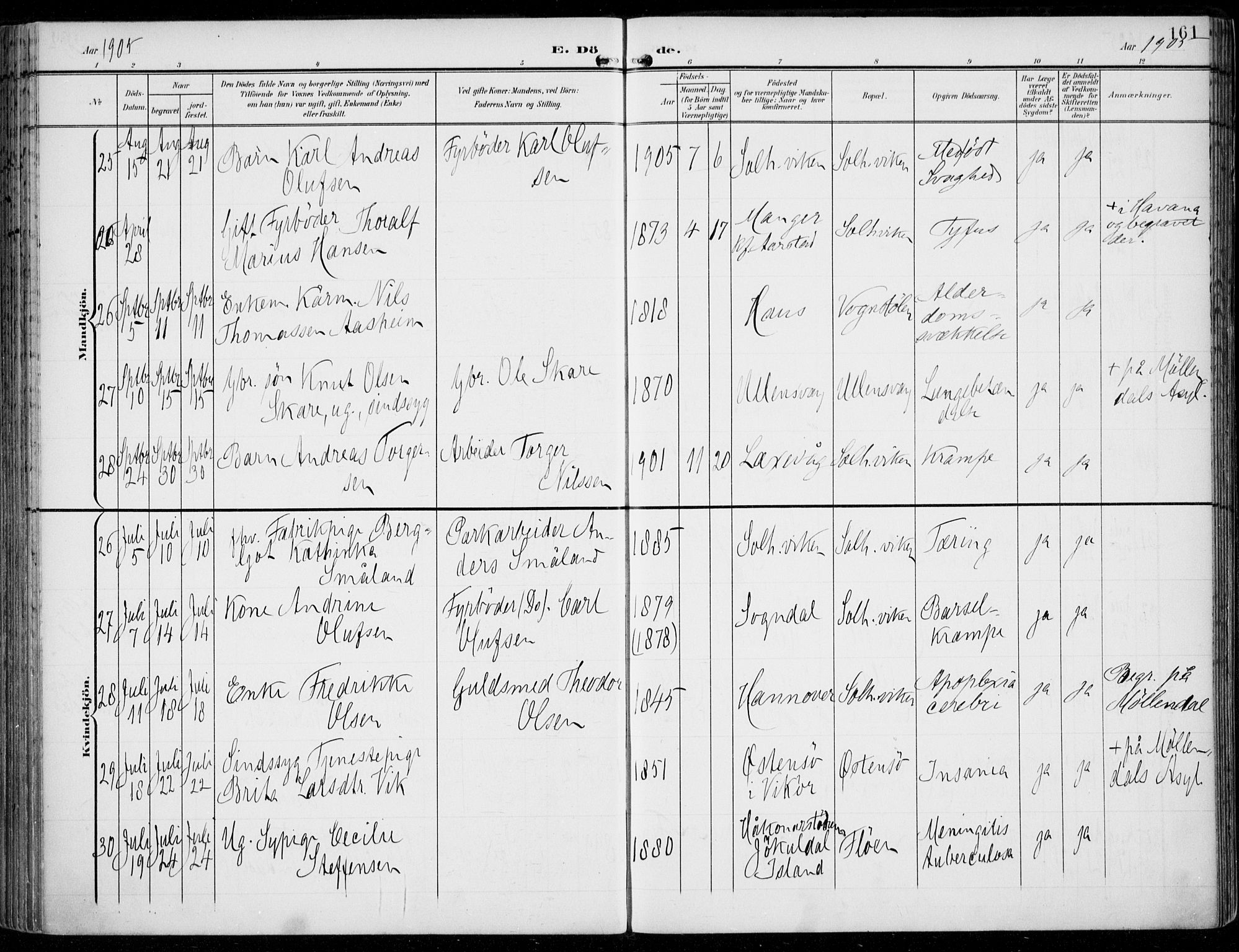 Årstad Sokneprestembete, AV/SAB-A-79301/H/Haa/L0009: Parish register (official) no. C 1, 1902-1918, p. 161