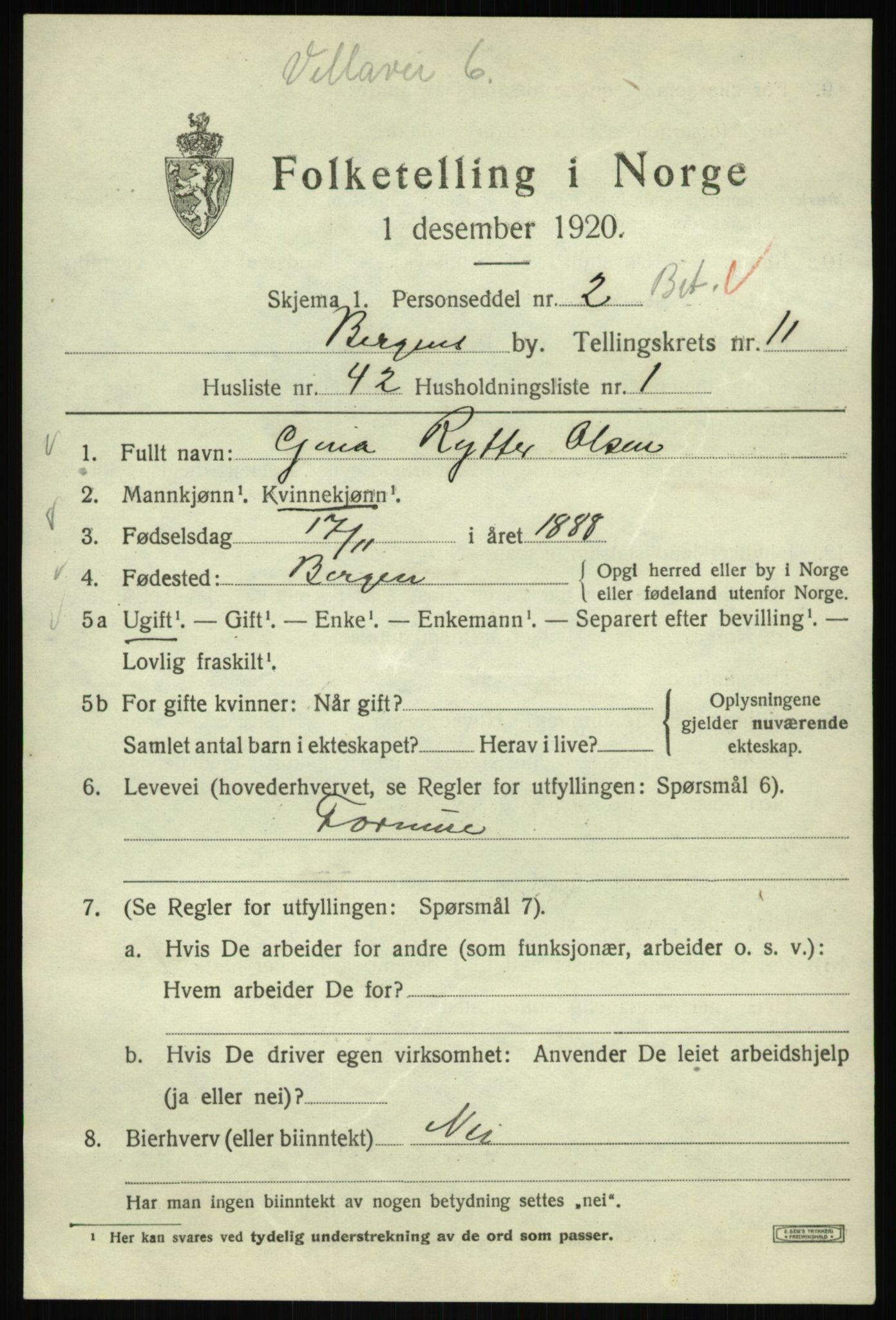 SAB, 1920 census for Bergen, 1920, p. 73502