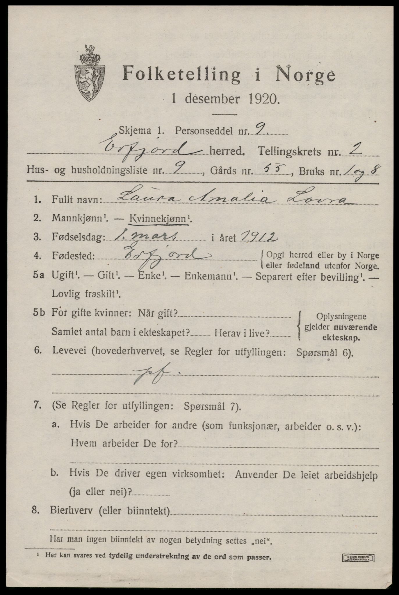 SAST, 1920 census for Erfjord, 1920, p. 727