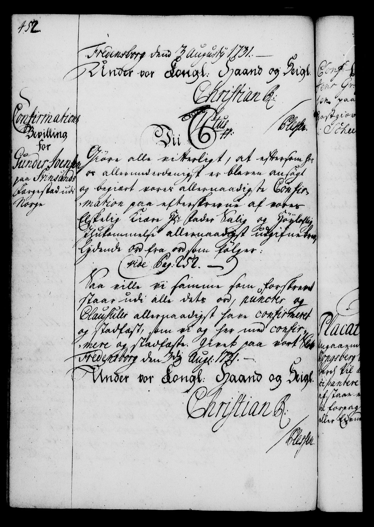 Rentekammeret, Kammerkanselliet, RA/EA-3111/G/Gg/Gga/L0003: Norsk ekspedisjonsprotokoll med register (merket RK 53.3), 1727-1734, p. 452