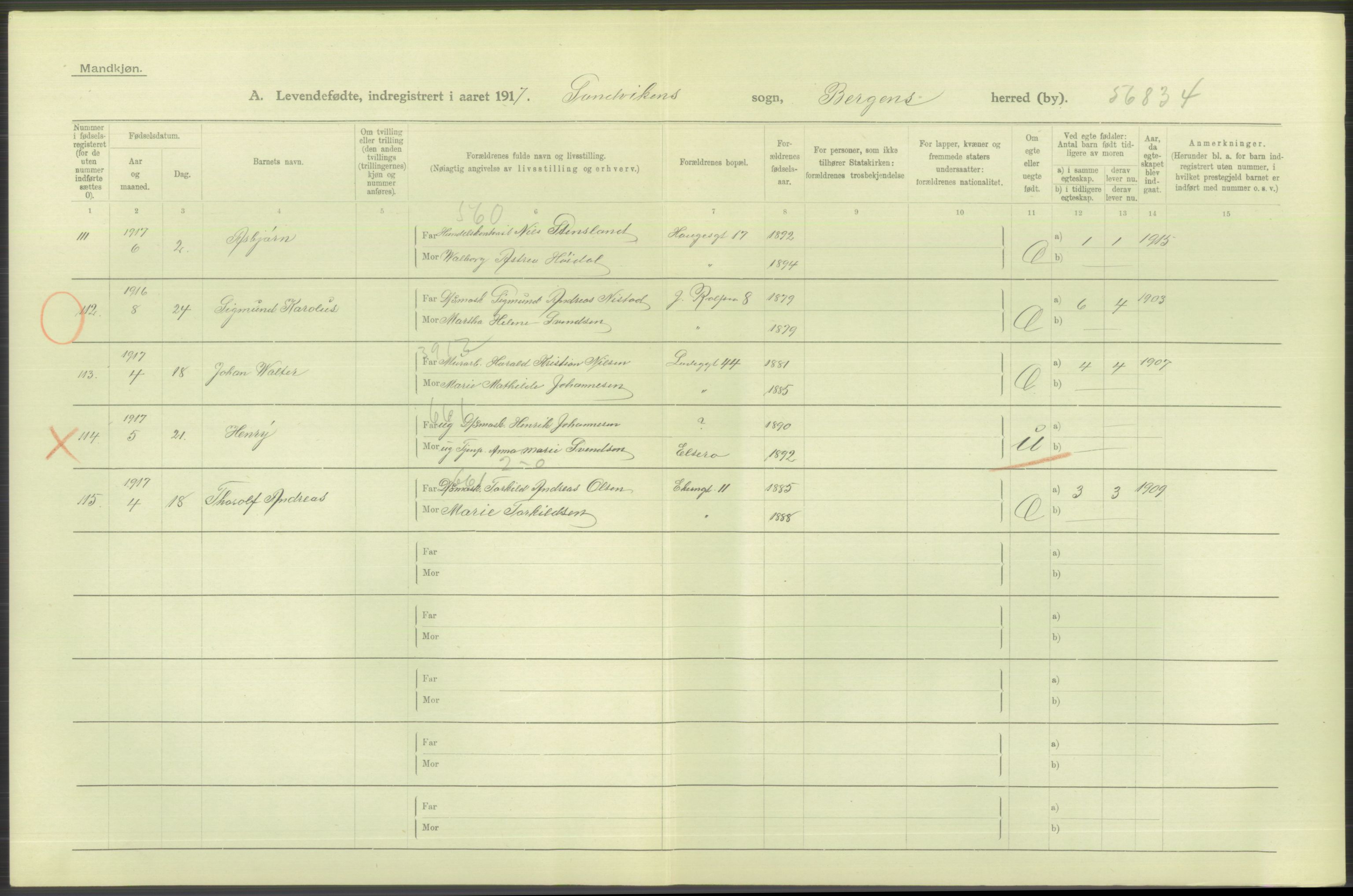 Statistisk sentralbyrå, Sosiodemografiske emner, Befolkning, AV/RA-S-2228/D/Df/Dfb/Dfbg/L0037: Bergen: Levendefødte menn og kvinner., 1917, p. 316