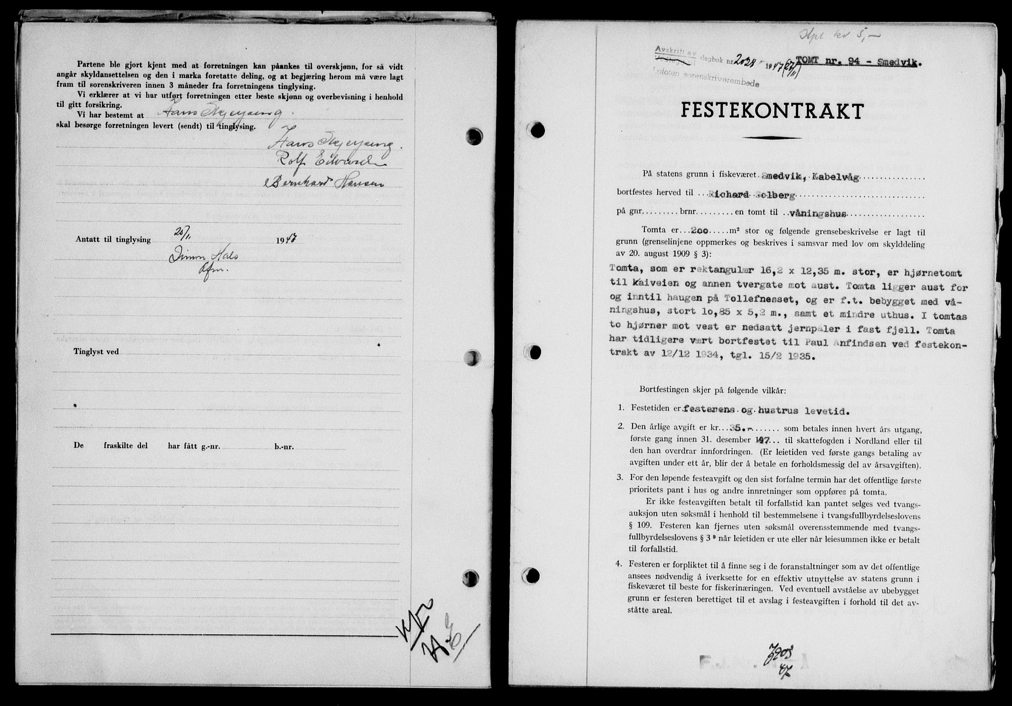 Lofoten sorenskriveri, SAT/A-0017/1/2/2C/L0017a: Mortgage book no. 17a, 1947-1948, Diary no: : 2028/1947