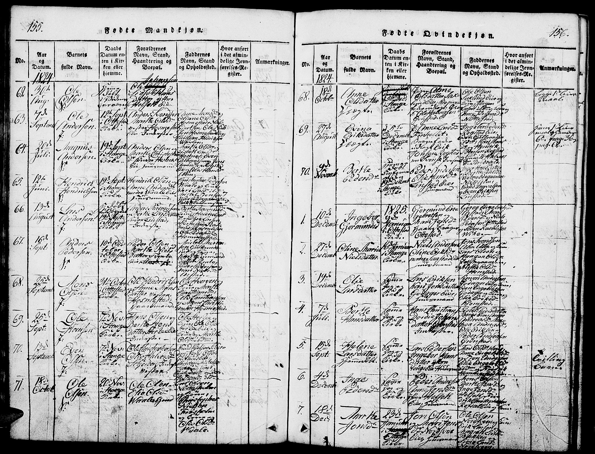 Stange prestekontor, SAH/PREST-002/L/L0001: Parish register (copy) no. 1, 1814-1825, p. 155-156