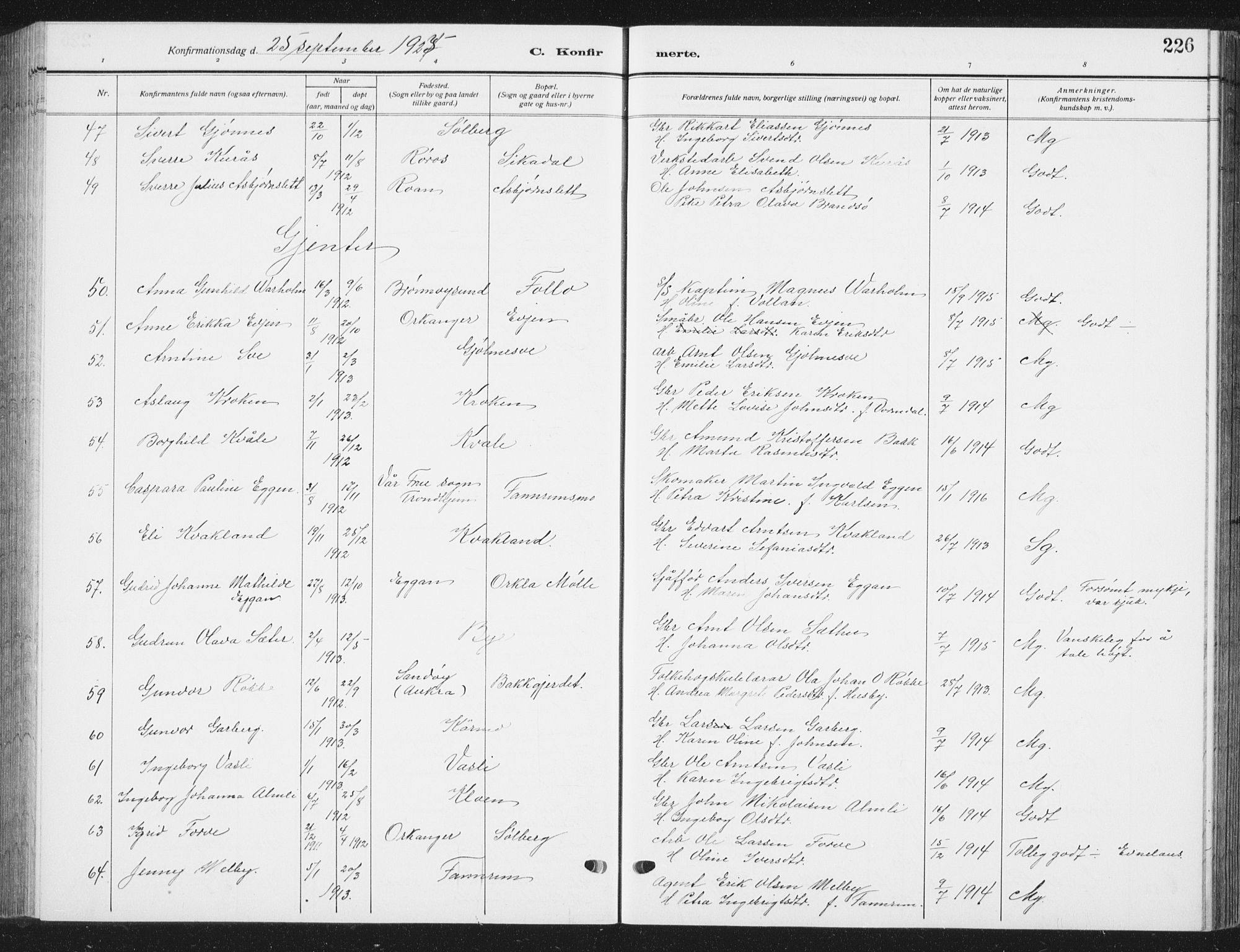 Ministerialprotokoller, klokkerbøker og fødselsregistre - Sør-Trøndelag, AV/SAT-A-1456/668/L0820: Parish register (copy) no. 668C09, 1912-1936, p. 226