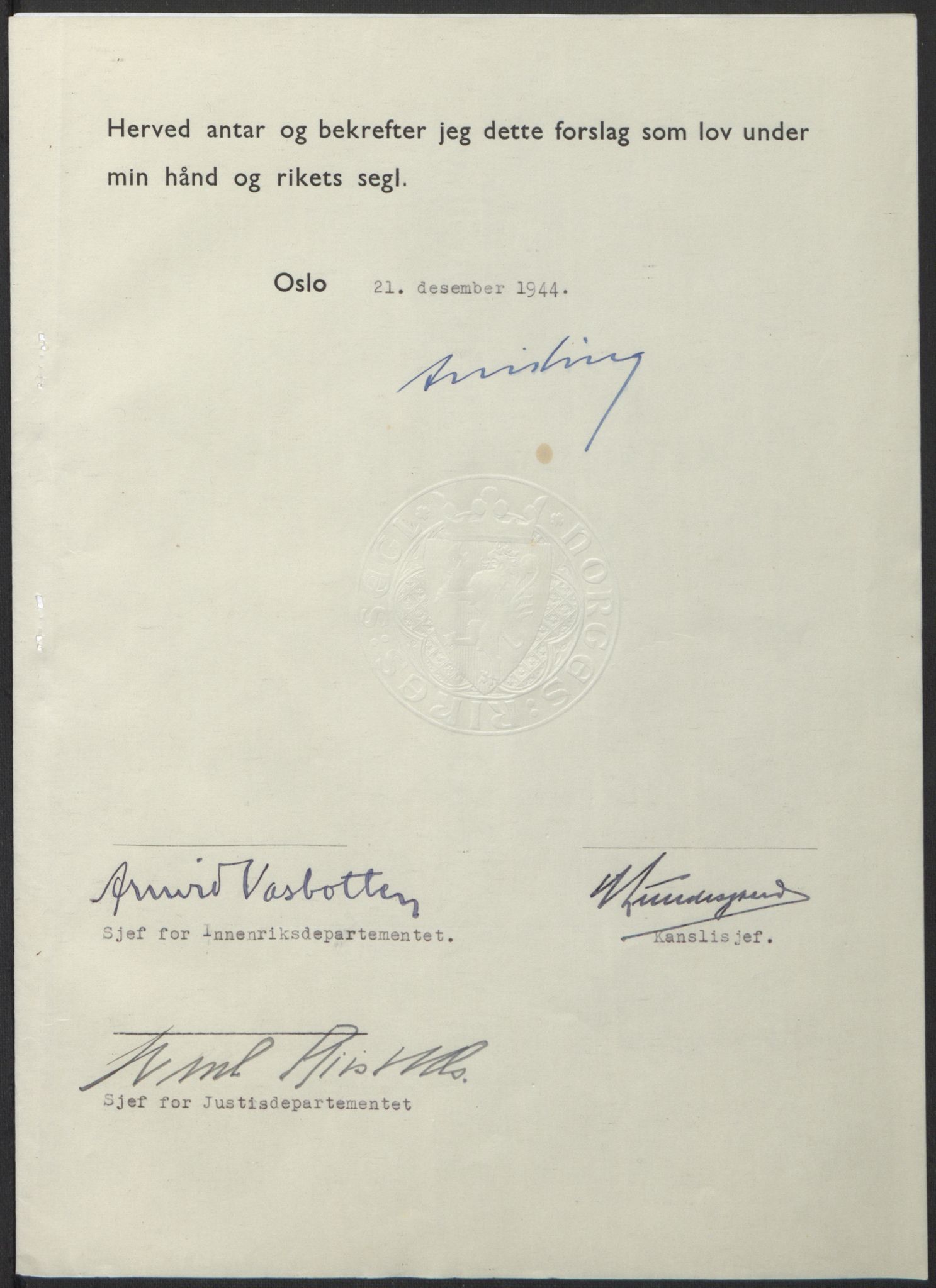 NS-administrasjonen 1940-1945 (Statsrådsekretariatet, de kommisariske statsråder mm), AV/RA-S-4279/D/Db/L0100: Lover, 1944, p. 677