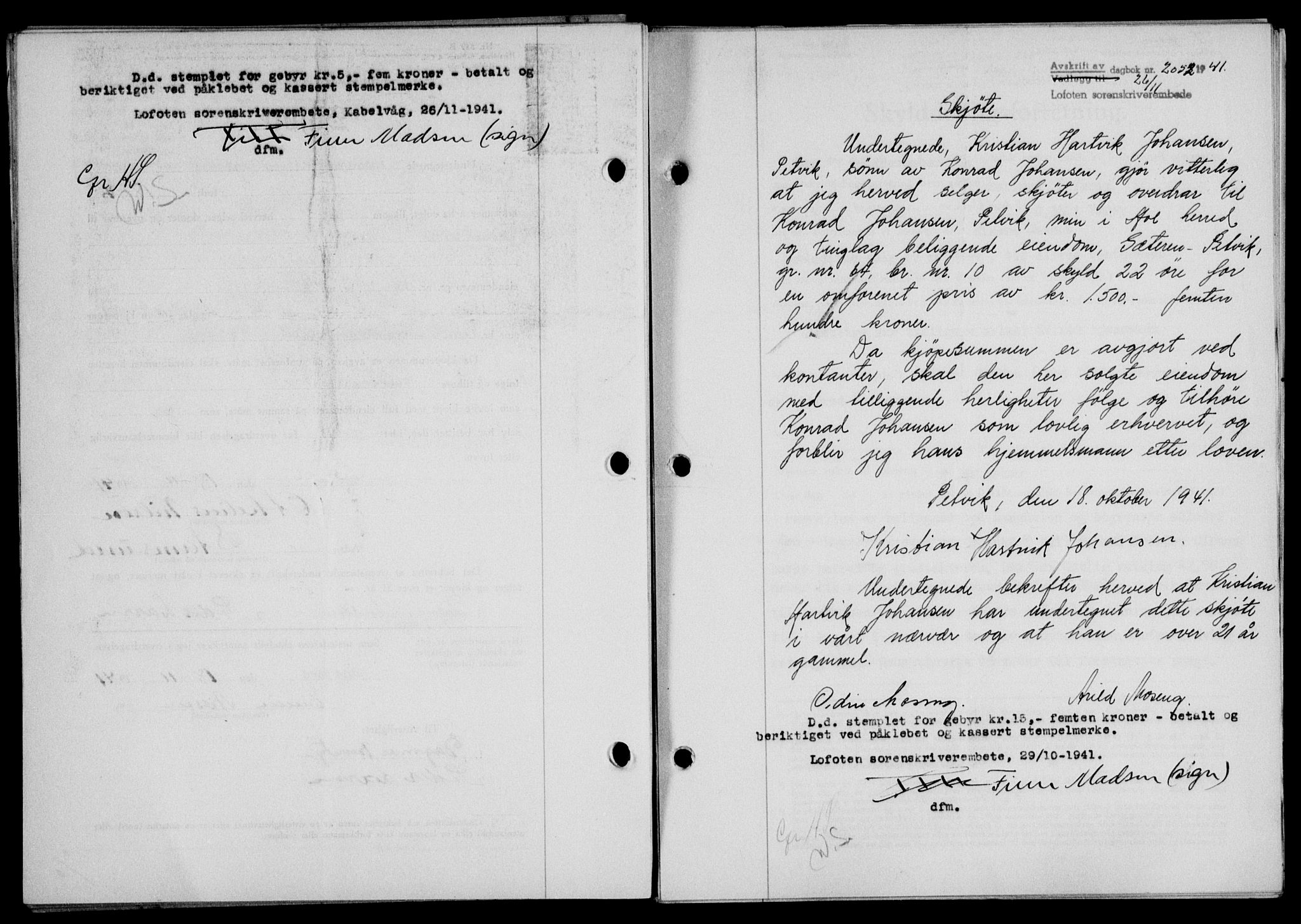 Lofoten sorenskriveri, SAT/A-0017/1/2/2C/L0009a: Mortgage book no. 9a, 1941-1942, Diary no: : 2052/1941