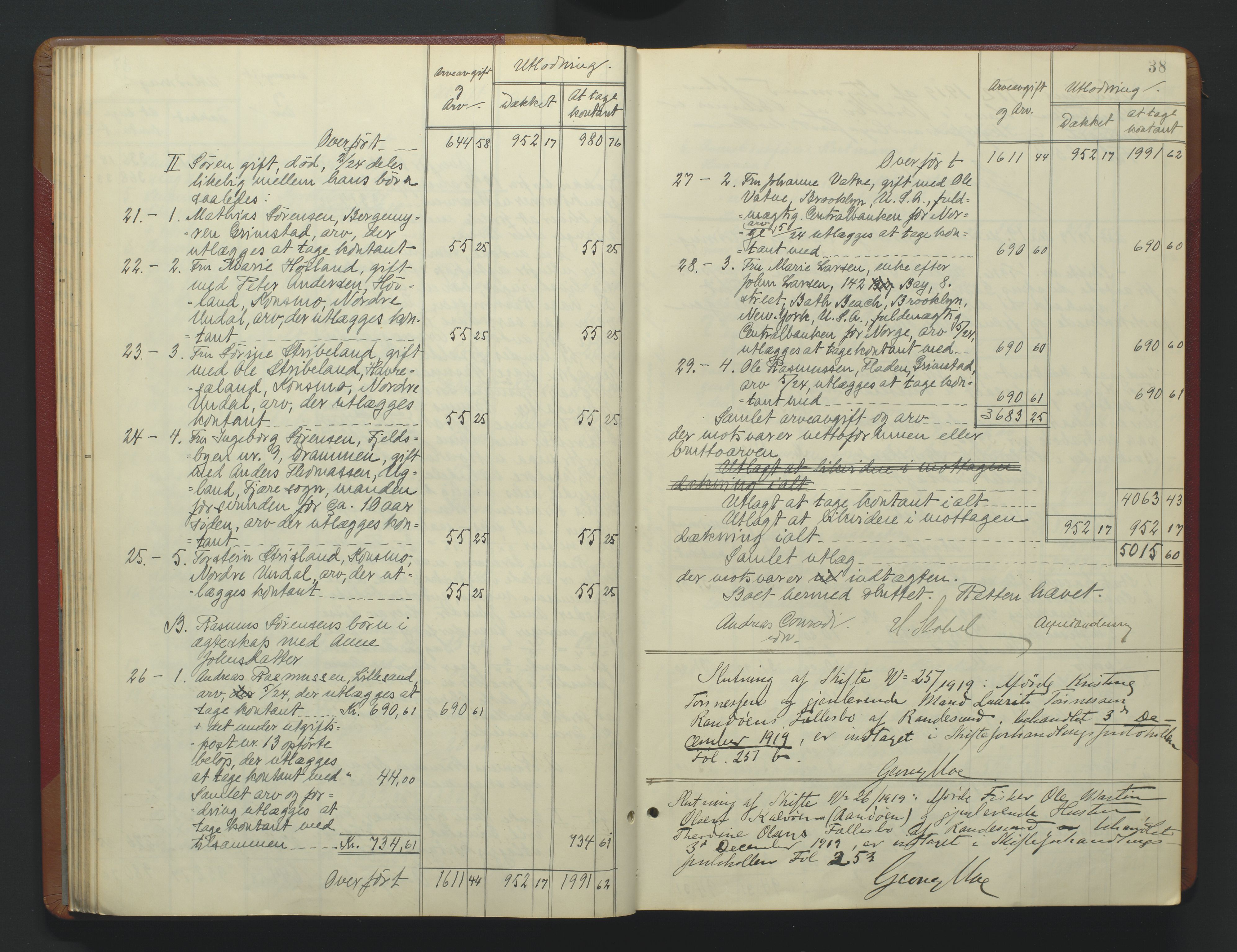 Torridal sorenskriveri, AV/SAK-1221-0012/H/Hc/L0037: Skifteutlodningsprotokoll med navneregister nr. 6, 1918-1927, p. 38