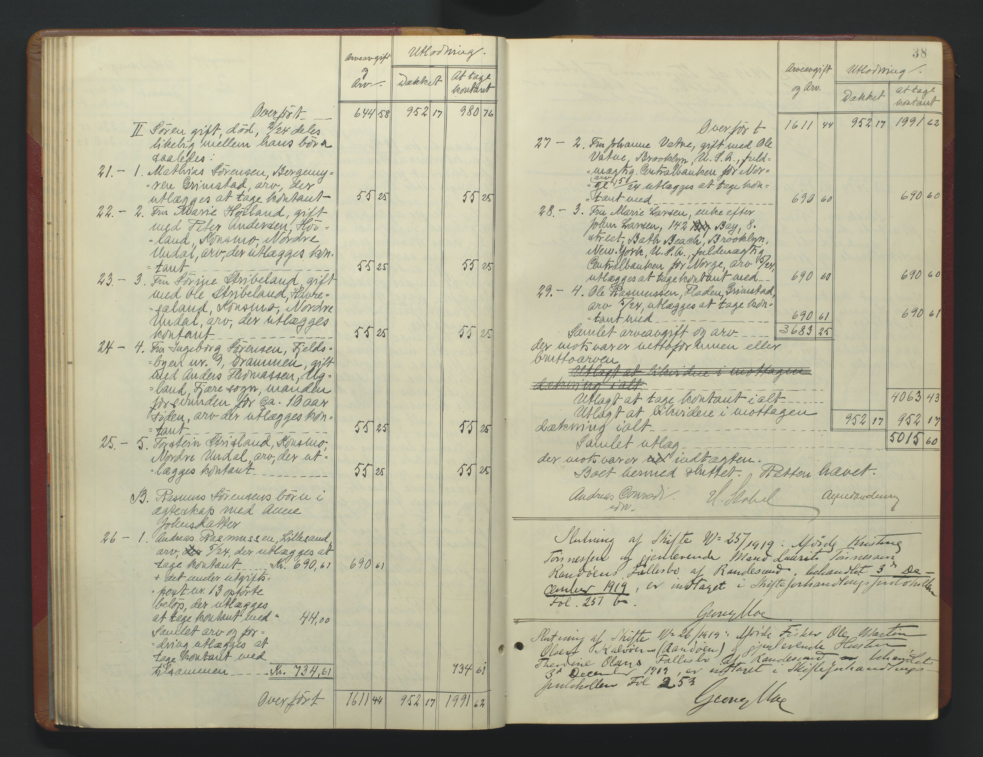 Torridal sorenskriveri, SAK/1221-0012/H/Hc/L0037: Skifteutlodningsprotokoll med navneregister nr. 6, 1918-1927, p. 38