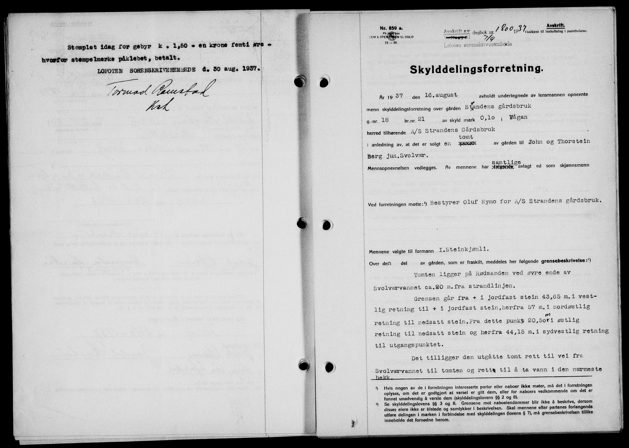 Lofoten sorenskriveri, SAT/A-0017/1/2/2C/L0002a: Mortgage book no. 2a, 1937-1937, Diary no: : 1800/1937