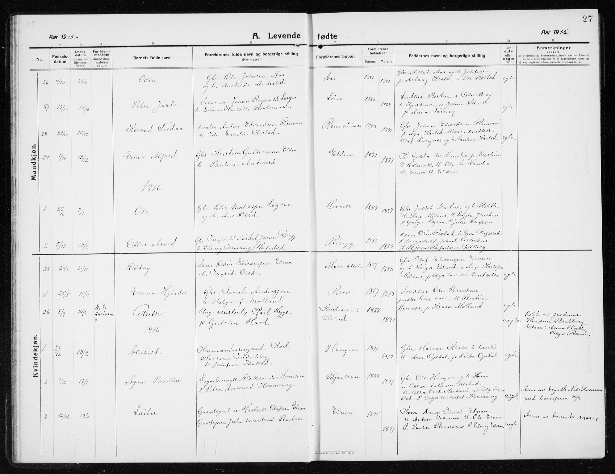 Ministerialprotokoller, klokkerbøker og fødselsregistre - Nord-Trøndelag, SAT/A-1458/741/L0402: Parish register (copy) no. 741C03, 1911-1926, p. 27