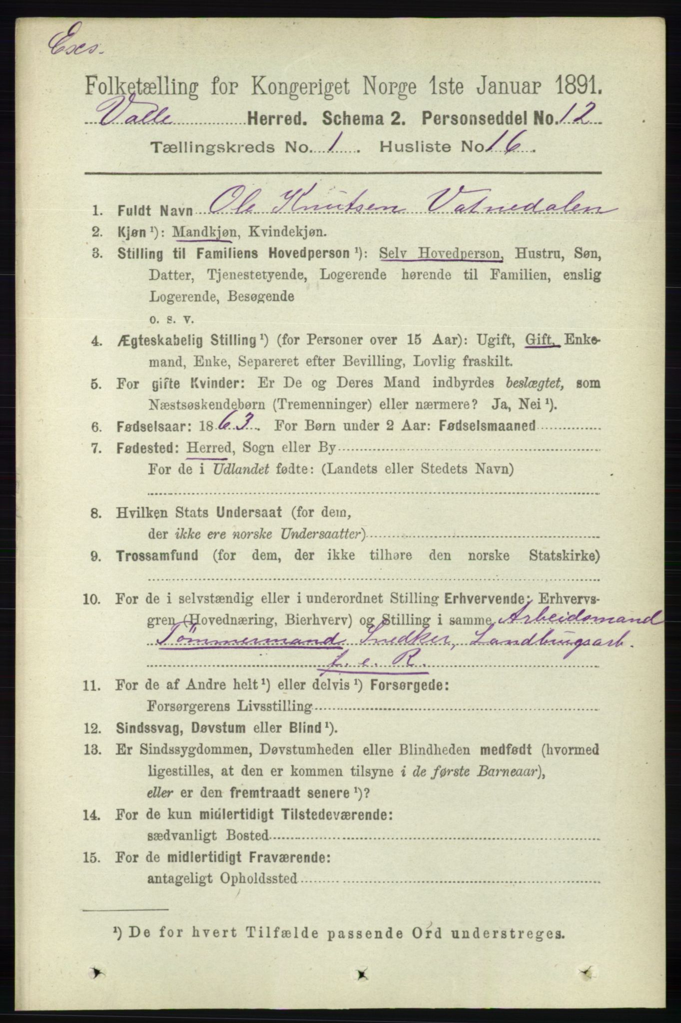 RA, Census 1891 for Nedenes amt: Gjenparter av personsedler for beslektede ektefeller, menn, 1891, p. 1053