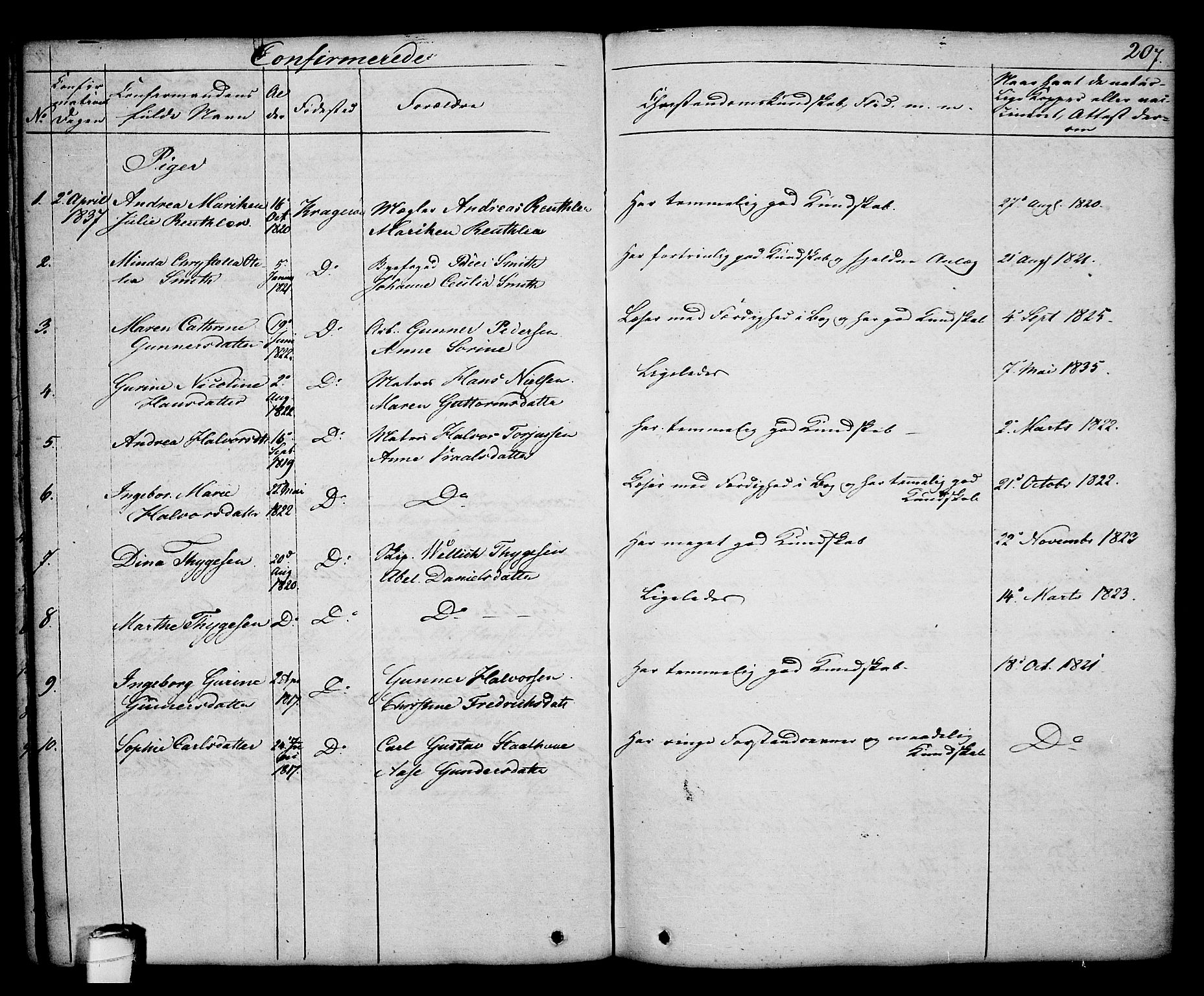 Kragerø kirkebøker, AV/SAKO-A-278/G/Ga/L0003: Parish register (copy) no. 3, 1832-1852, p. 207