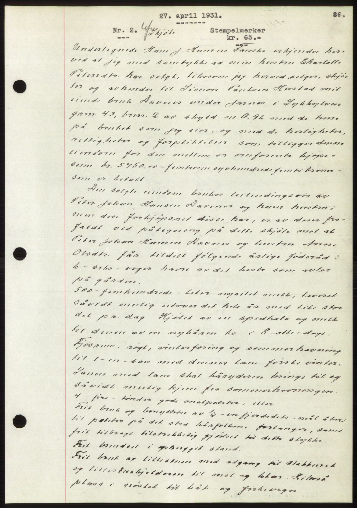 Nordre Sunnmøre sorenskriveri, AV/SAT-A-0006/1/2/2C/2Ca/L0048: Mortgage book no. 48, 1931-1931, Deed date: 27.04.1931