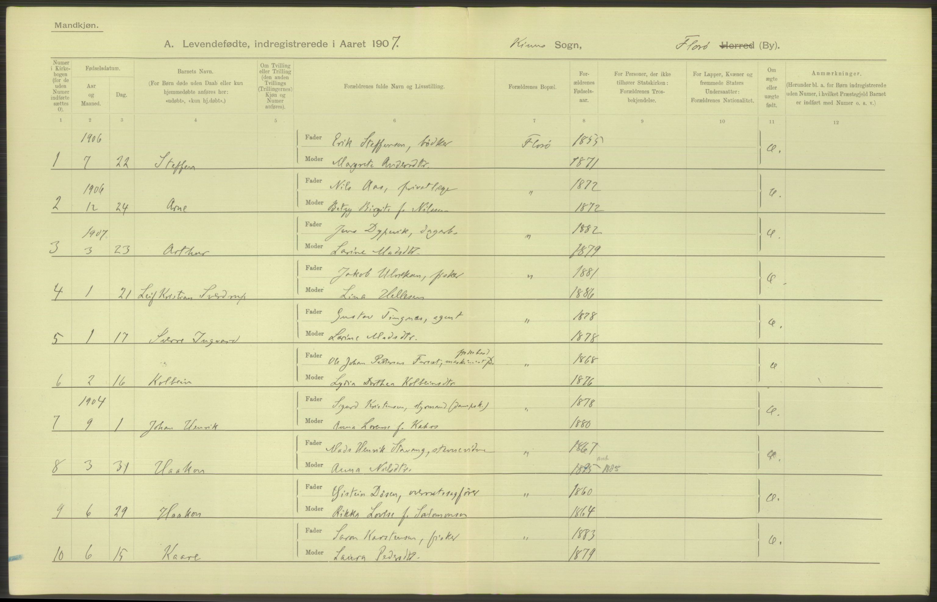 Statistisk sentralbyrå, Sosiodemografiske emner, Befolkning, AV/RA-S-2228/D/Df/Dfa/Dfae/L0034: Florø by: Levendefødte menn og kvinner, gifte, døde, dødfødte., 1907, p. 28