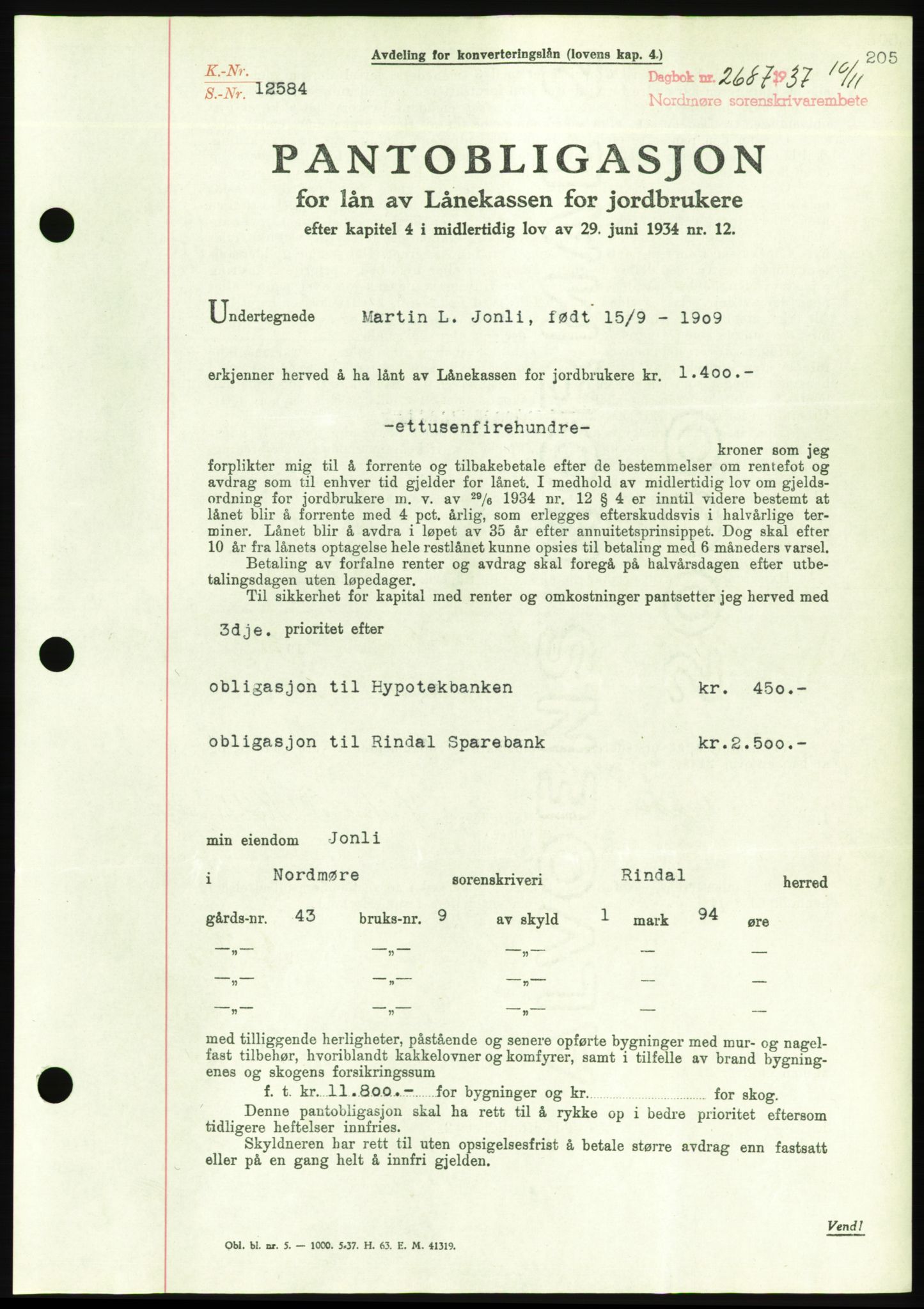 Nordmøre sorenskriveri, AV/SAT-A-4132/1/2/2Ca/L0092: Mortgage book no. B82, 1937-1938, Diary no: : 2687/1937