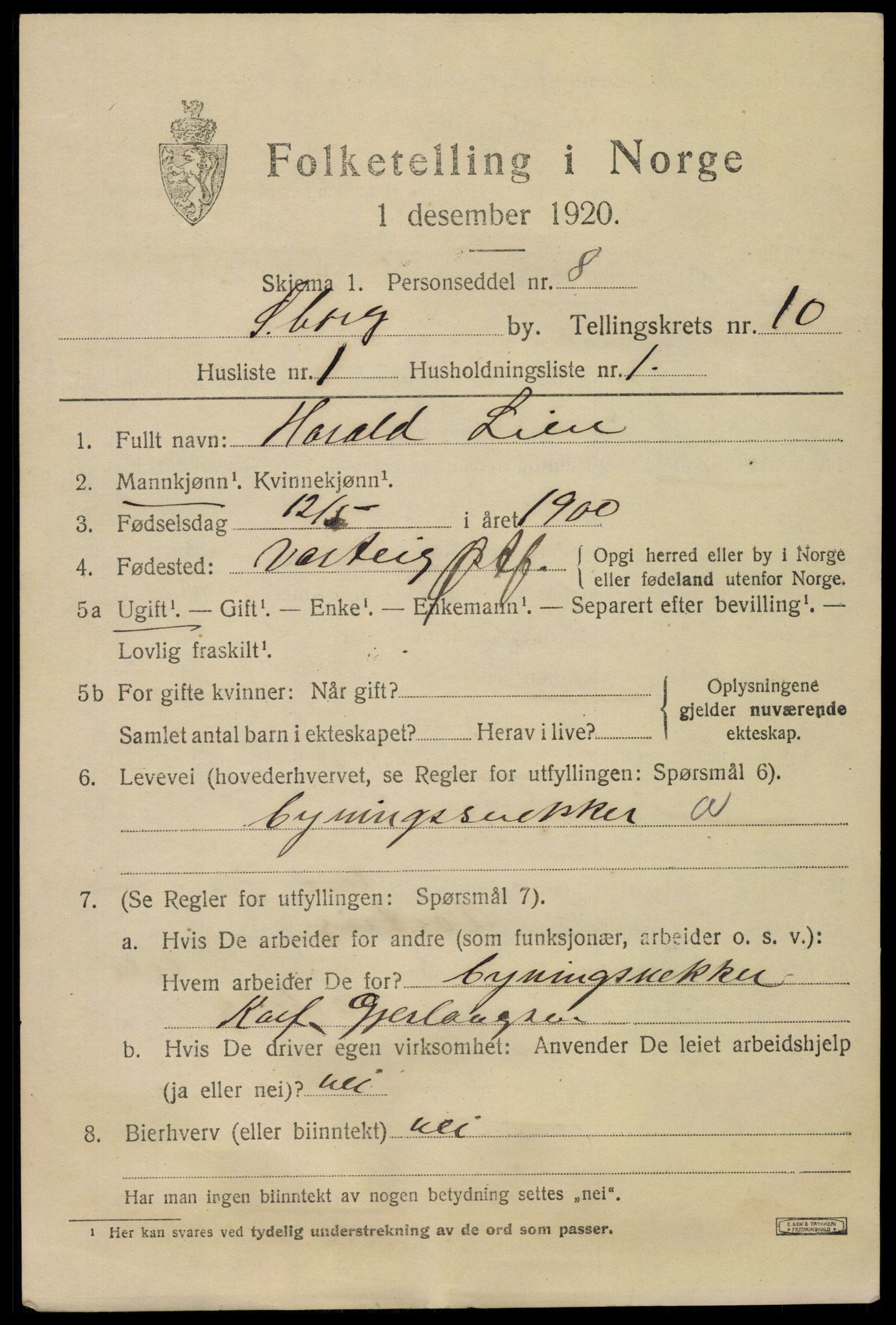 SAO, 1920 census for Sarpsborg, 1920, p. 20752