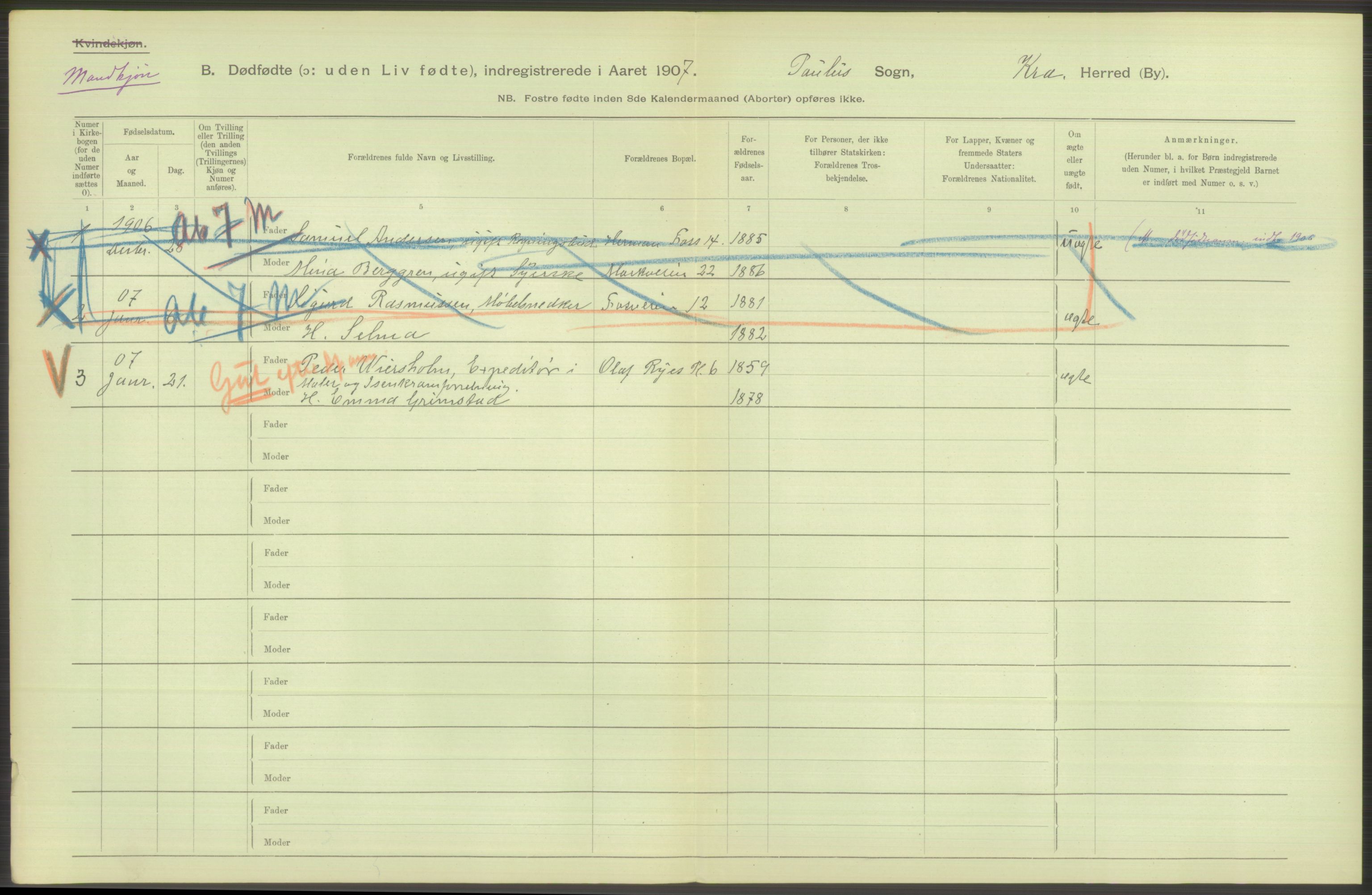 Statistisk sentralbyrå, Sosiodemografiske emner, Befolkning, AV/RA-S-2228/D/Df/Dfa/Dfae/L0010: Kristiania: Døde, dødfødte, 1907, p. 84