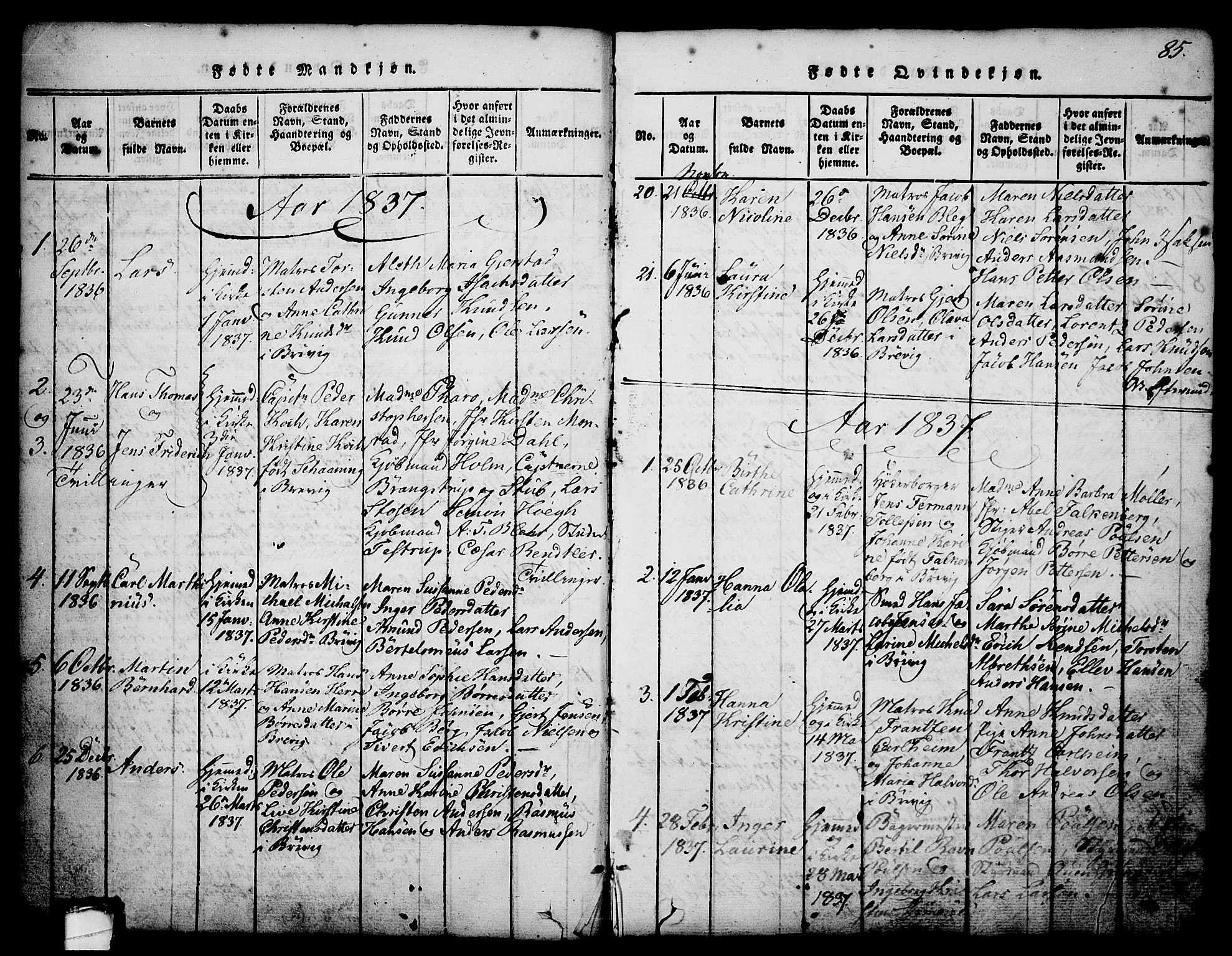 Brevik kirkebøker, SAKO/A-255/G/Ga/L0001: Parish register (copy) no. 1, 1814-1845, p. 85