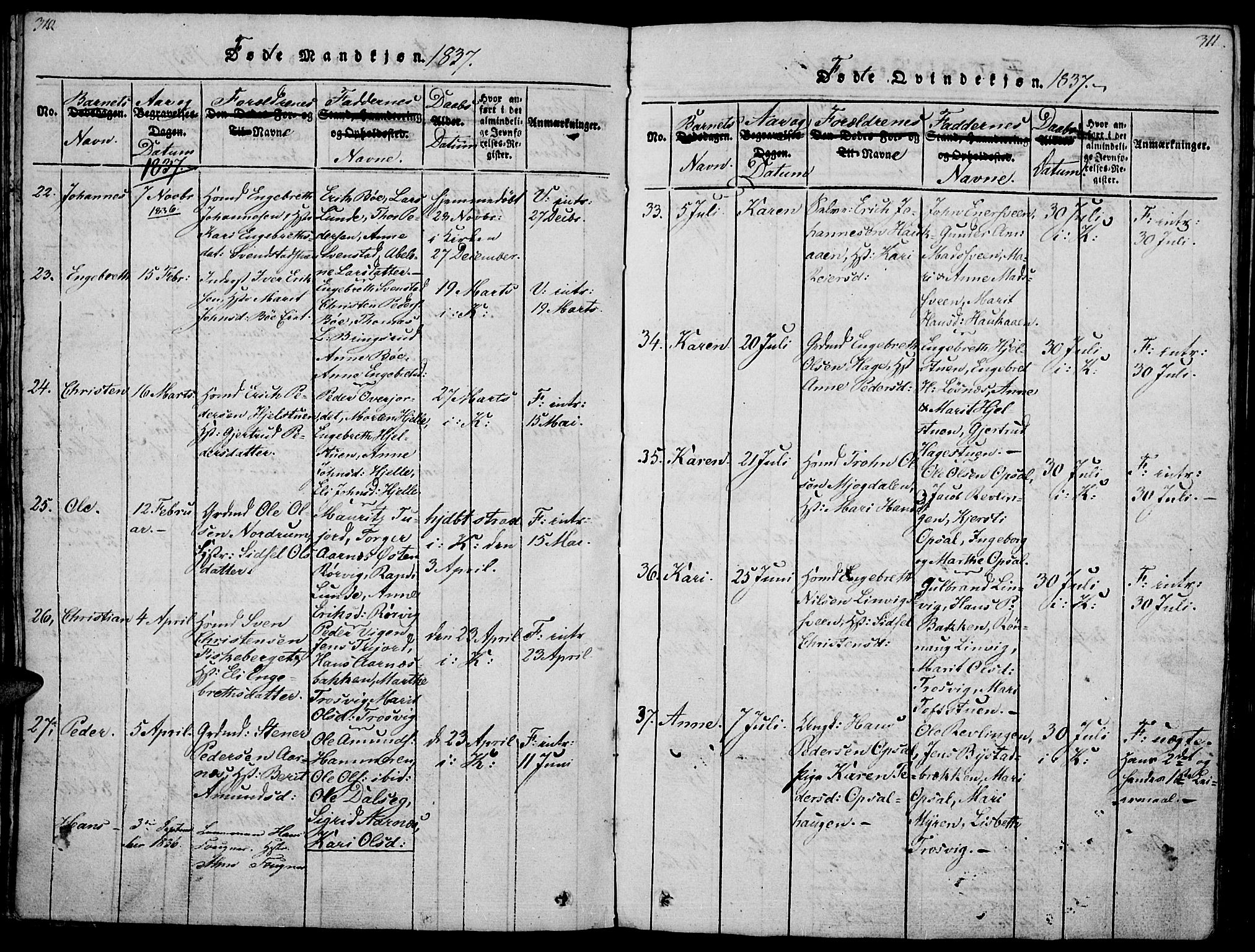 Ringebu prestekontor, AV/SAH-PREST-082/H/Ha/Haa/L0004: Parish register (official) no. 4, 1821-1839, p. 310-311