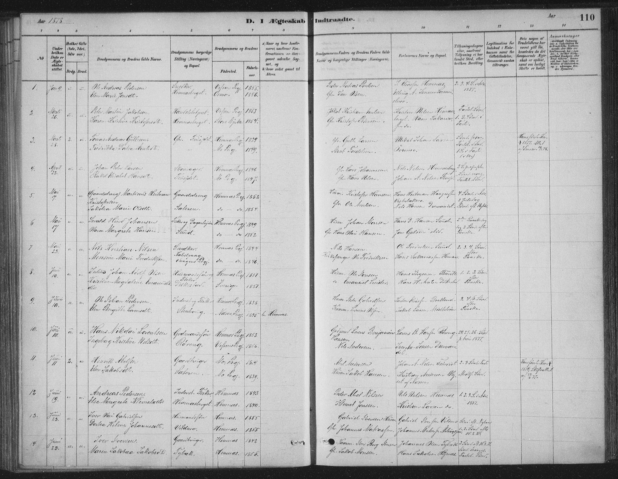 Ministerialprotokoller, klokkerbøker og fødselsregistre - Nordland, AV/SAT-A-1459/825/L0361: Parish register (official) no. 825A15, 1878-1893, p. 110