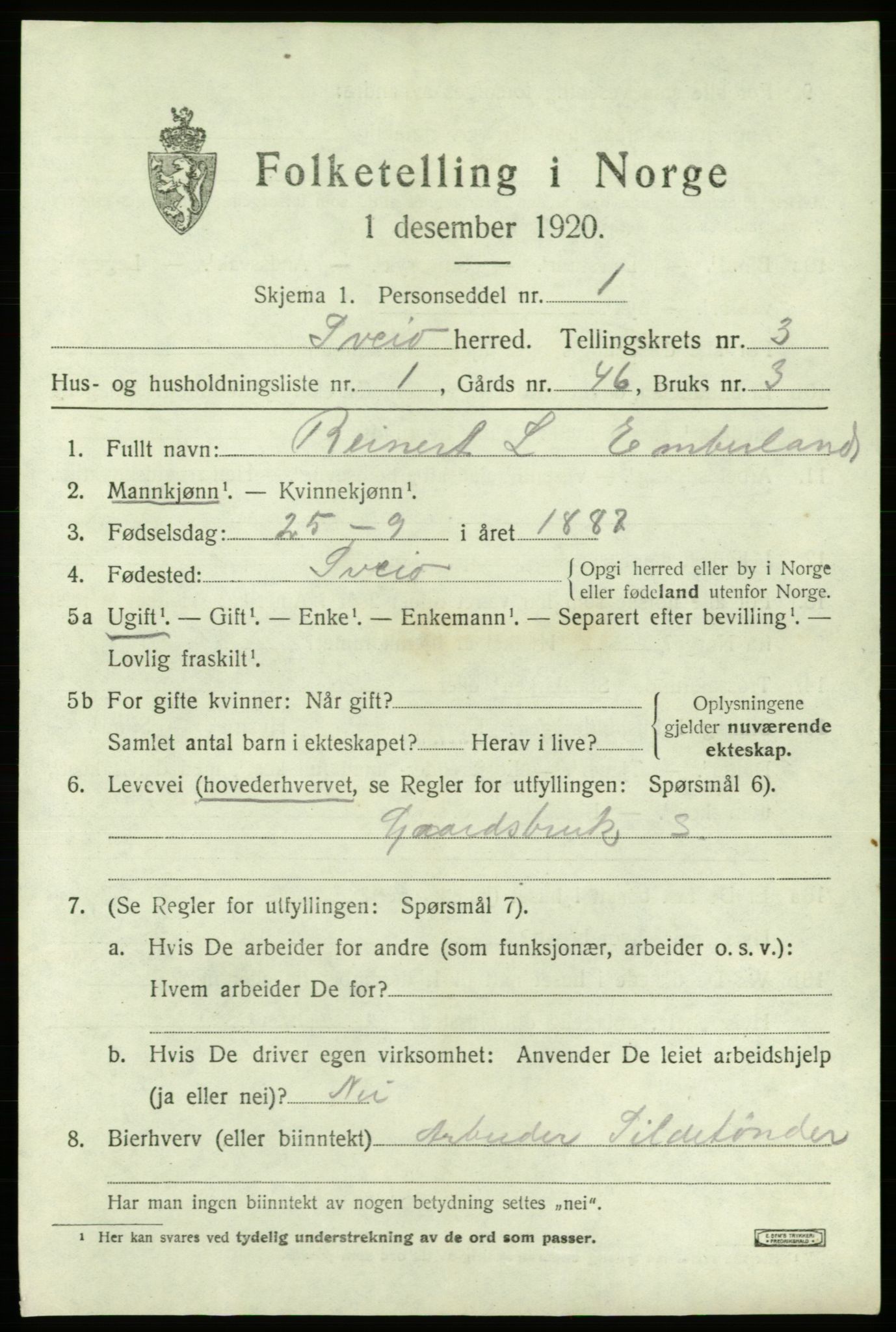 SAB, 1920 census for Sveio, 1920, p. 1508