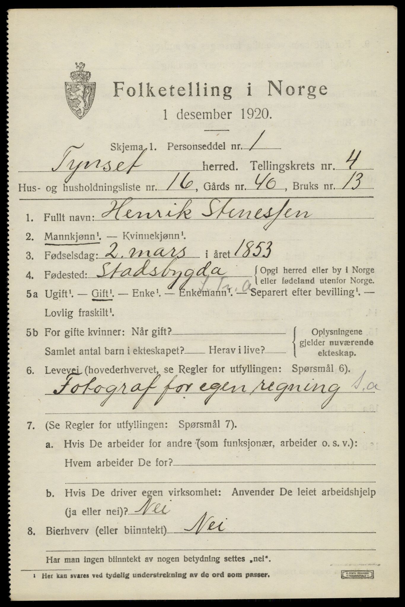 SAH, 1920 census for Tynset, 1920, p. 3396