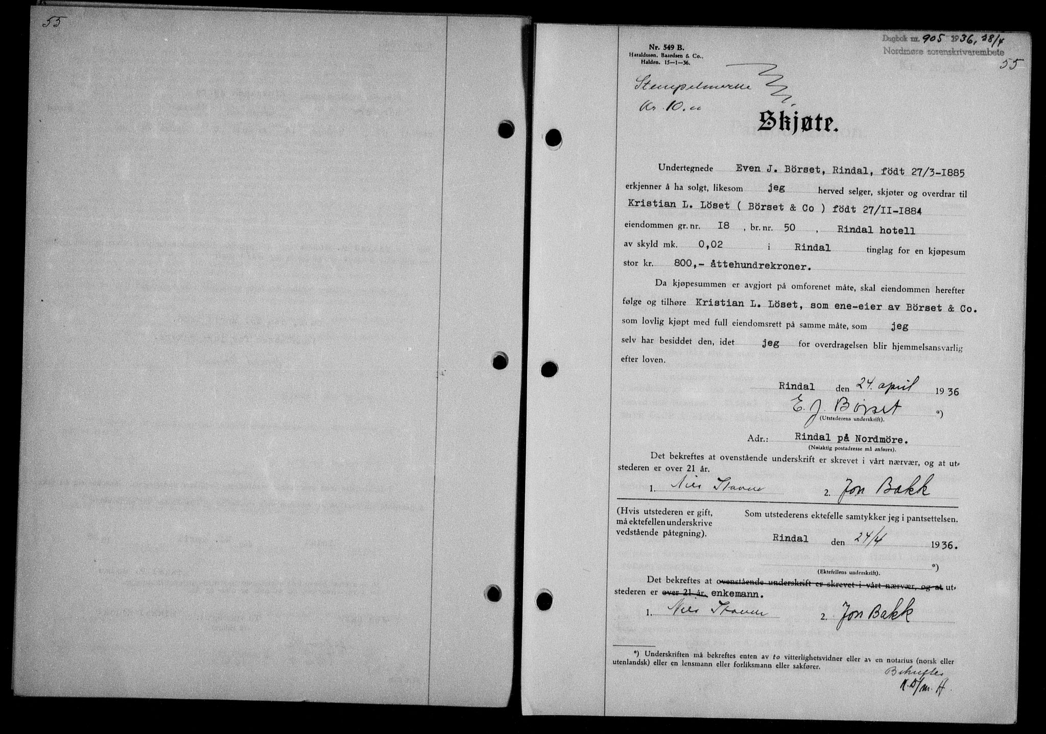 Nordmøre sorenskriveri, AV/SAT-A-4132/1/2/2Ca/L0088: Mortgage book no. 78, 1936-1936, Diary no: : 905/1936