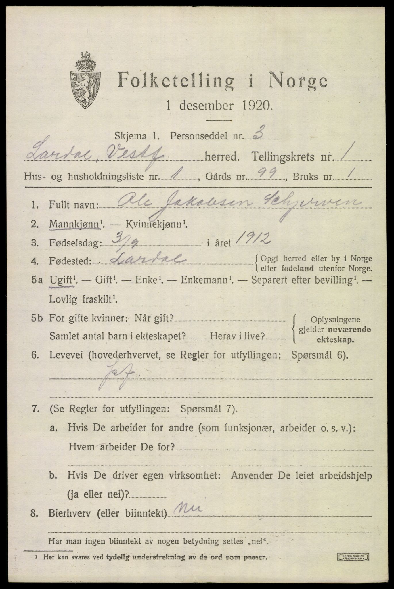 SAKO, 1920 census for Lardal, 1920, p. 1005