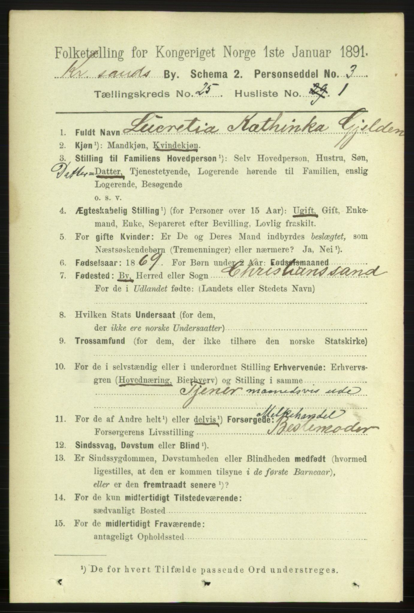 RA, 1891 census for 1001 Kristiansand, 1891, p. 8697