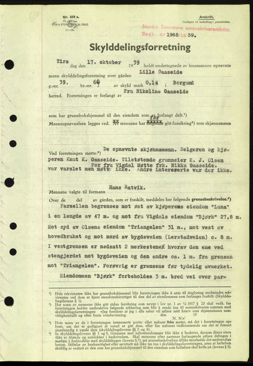 Nordre Sunnmøre sorenskriveri, AV/SAT-A-0006/1/2/2C/2Ca: Mortgage book no. A8, 1939-1940, Diary no: : 1965/1939