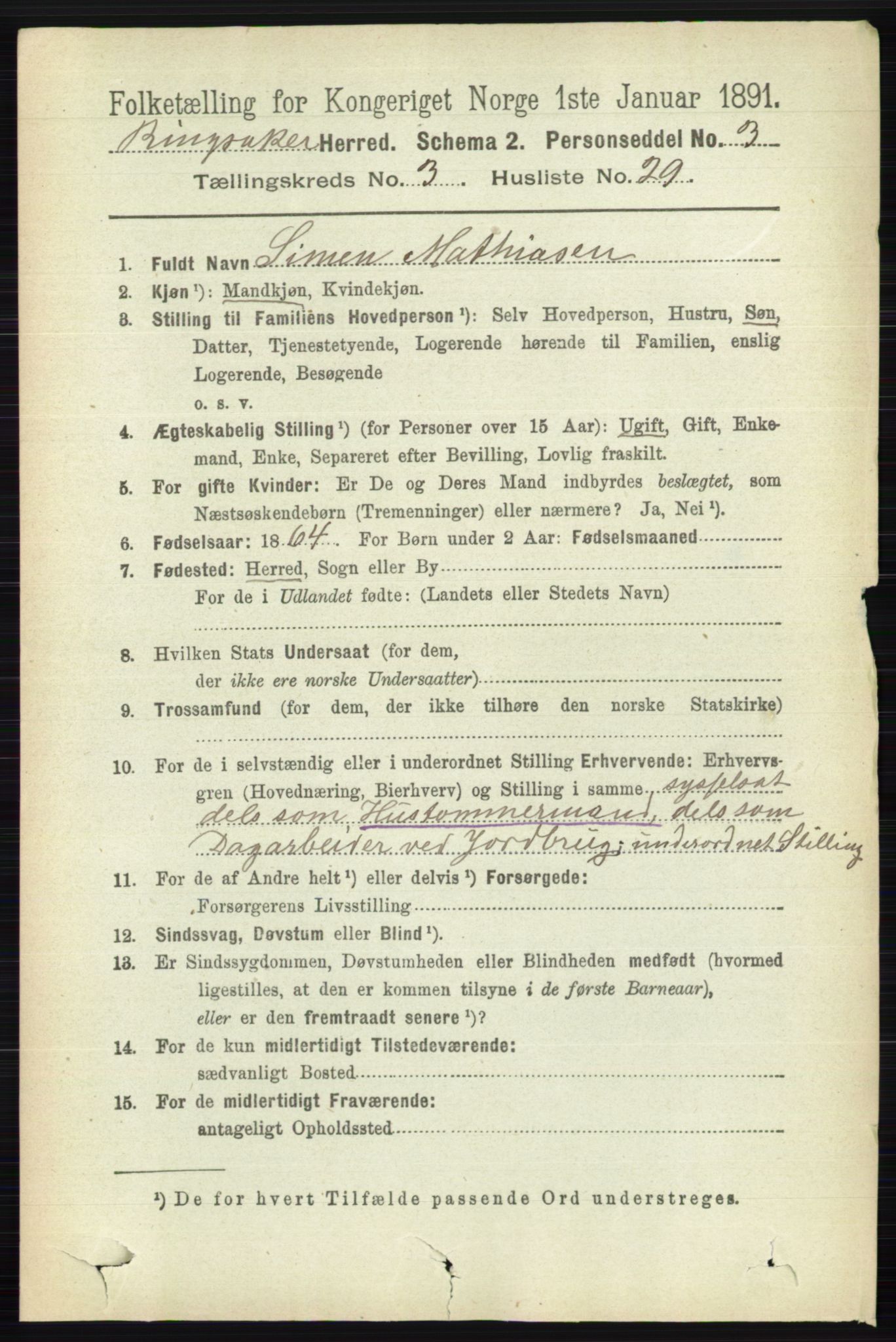 RA, 1891 census for 0412 Ringsaker, 1891, p. 1405